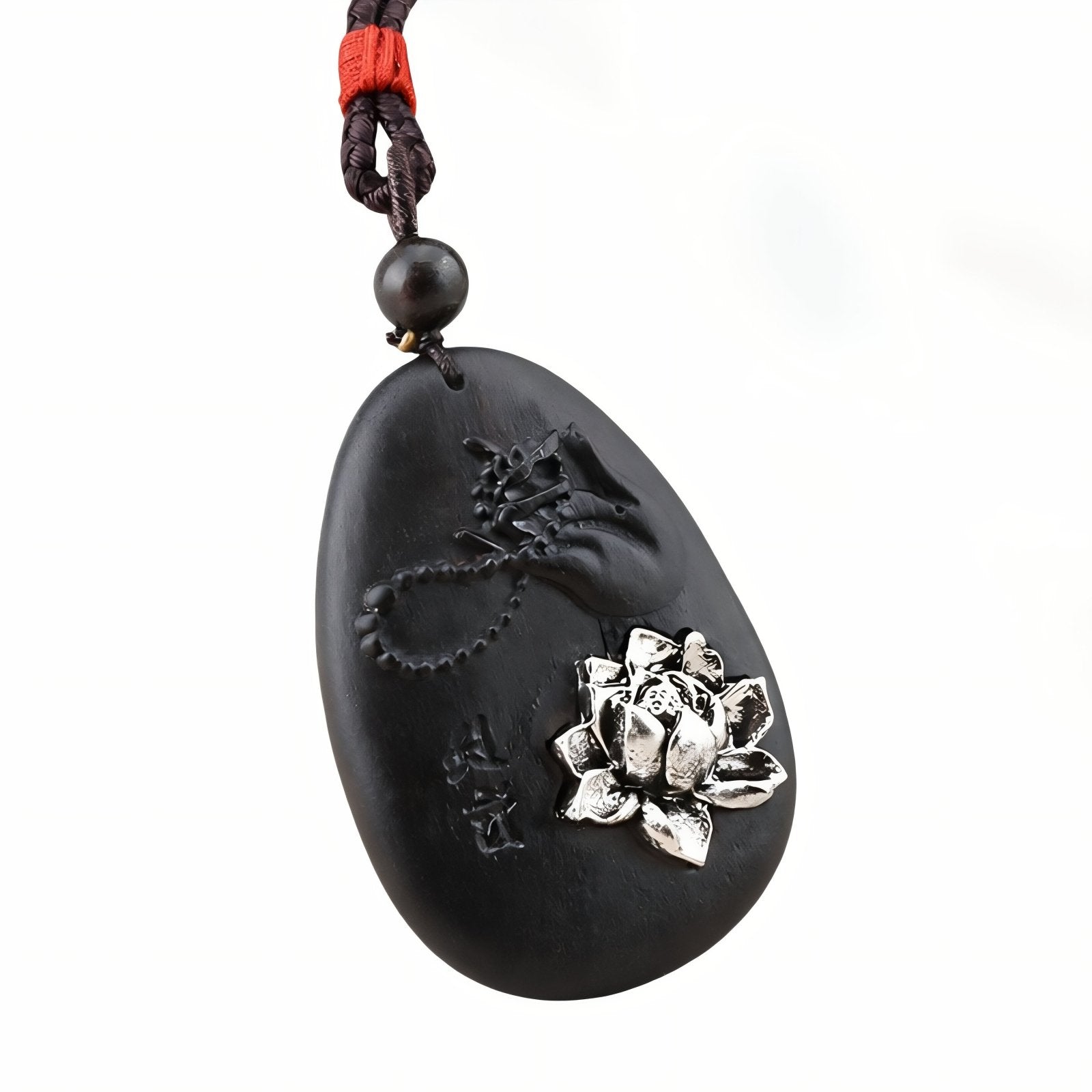 Collier en bois d'ébène, avec pendentif forme géométrique ornée d'une fleur de lotus, agate noire et alliage métallique, style bohème