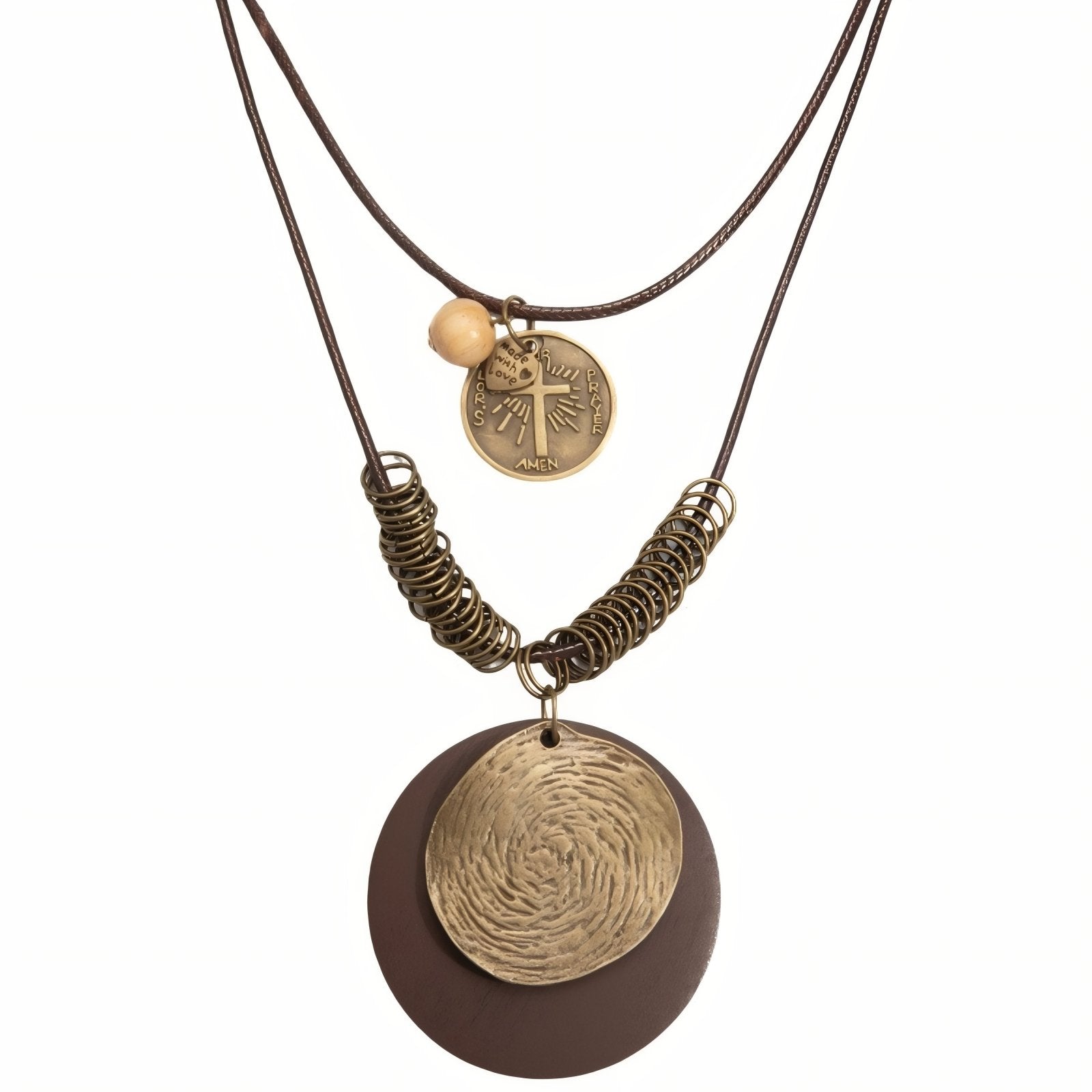 Collier en bois double rang, avec pendentif rond ethnique, en alliage de zinc, style bohème
