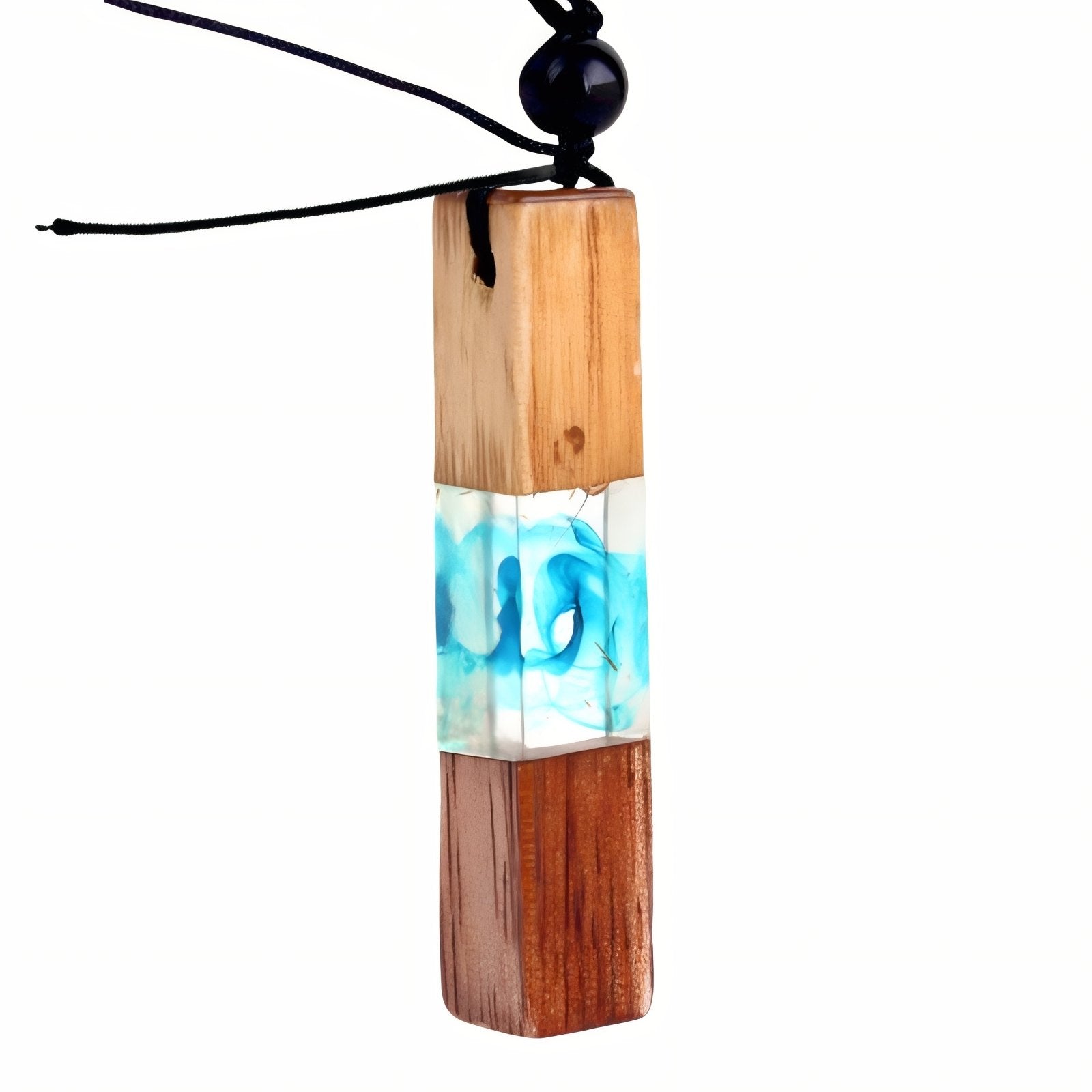 Collier en bois et résine colorée, avec pendentif rectangulaire, style artistique, fait main