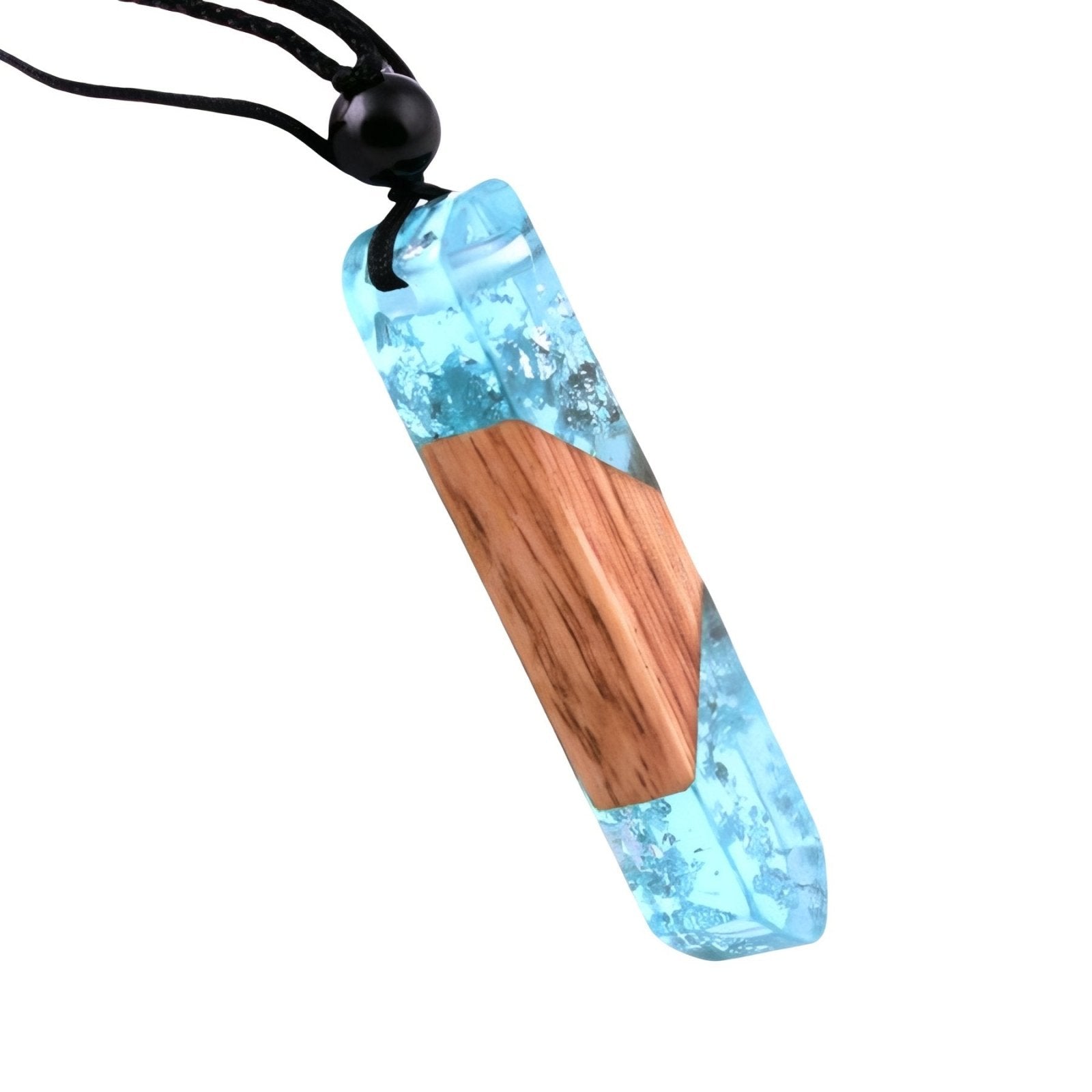 Collier en bois et résine effet cristal, avec pendentif géométrique et cordon noir ajustable