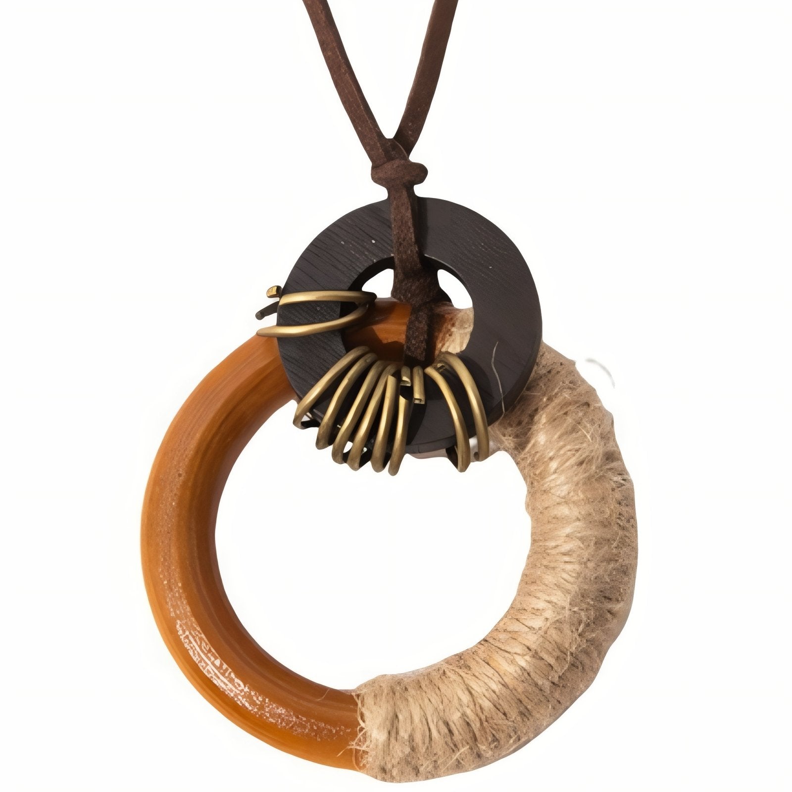 Collier en bois naturel, avec cordon et alliage métallique, style bohème