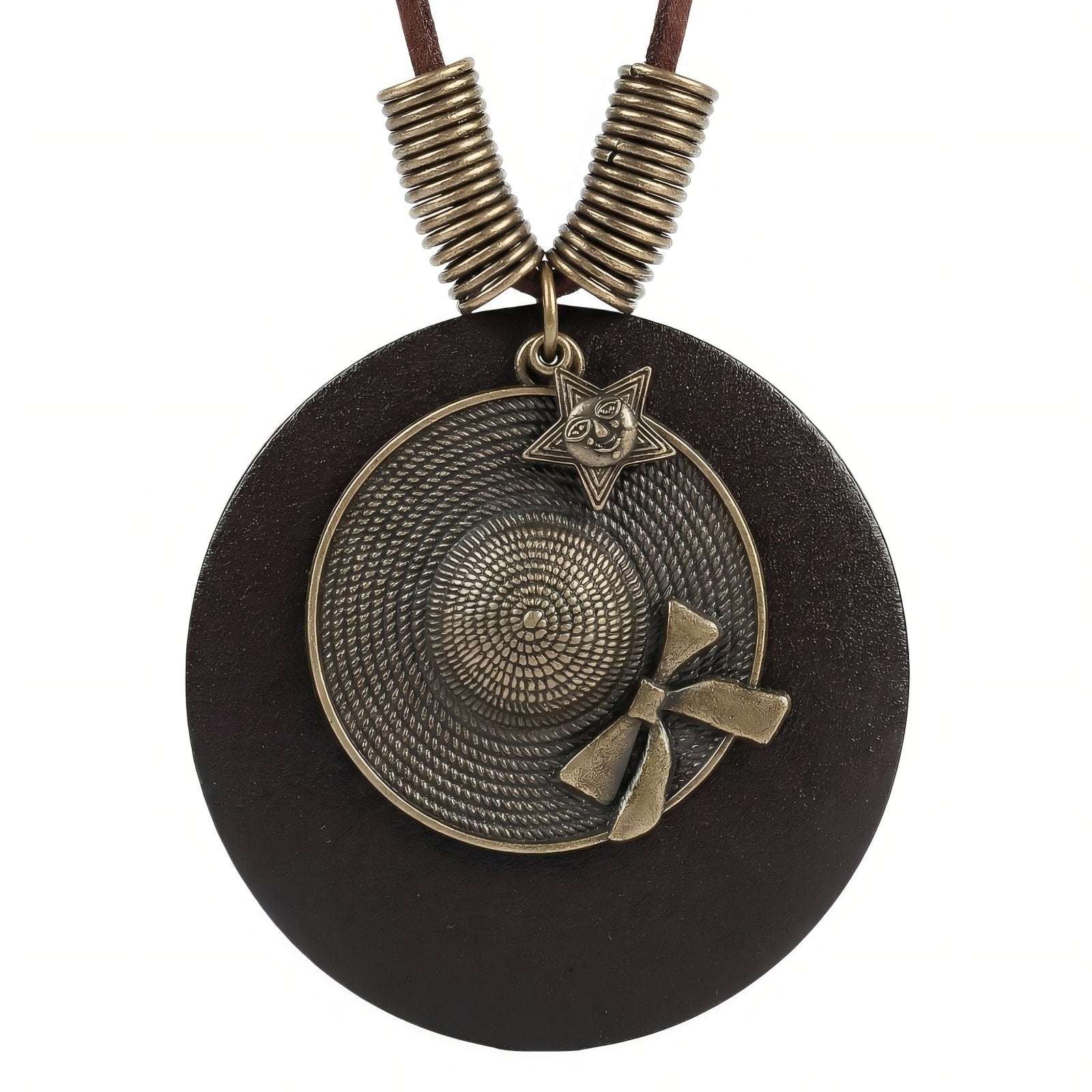 Collier en bois naturel, avec pendentif circulaire inspiration chapeau, noeud et étoile, en alliage métallique, cordon ajustable