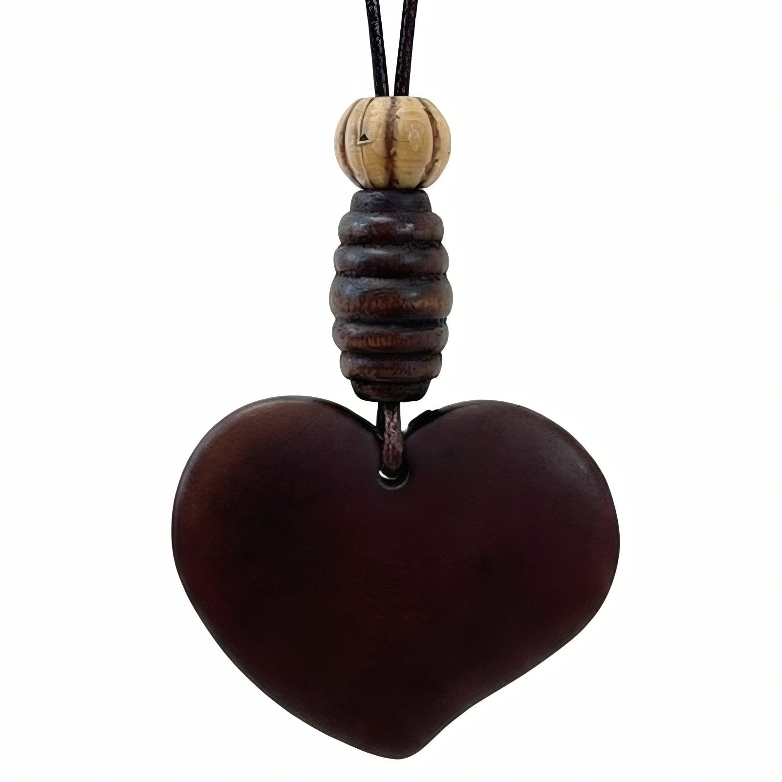 Collier en bois naturel, avec pendentif cœur surmonté de perles ethniques, cordon ajustable