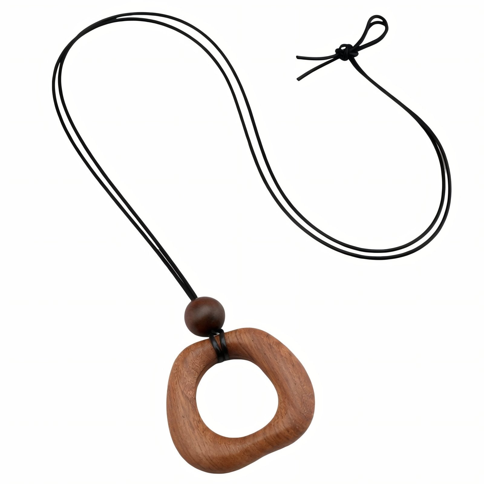 Collier en bois naturel, avec pendentif géométrique ajouré et perle en bois, cordon noir