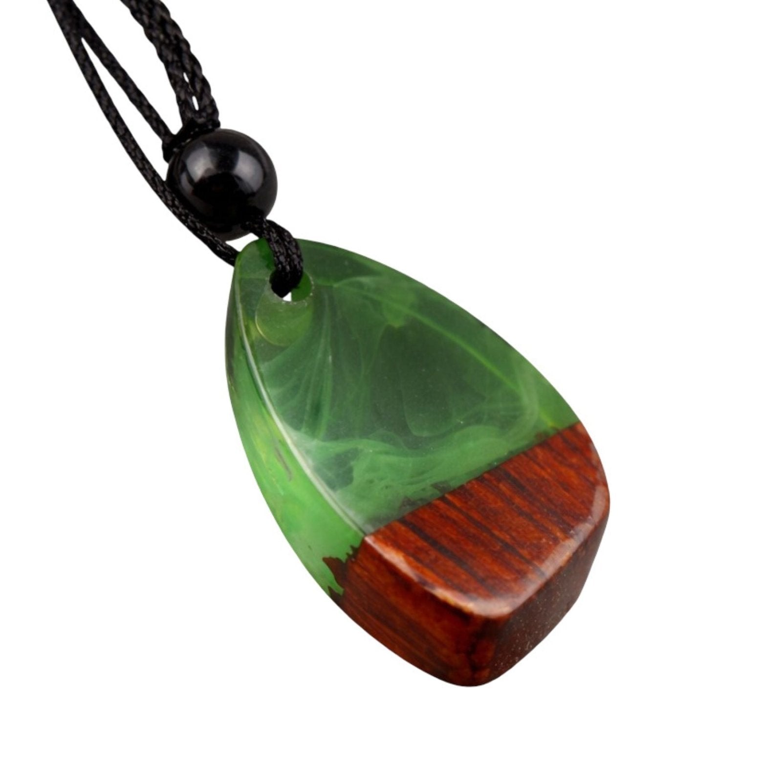 Collier en bois naturel et résine, avec pendentif en forme de goutte et cordon ajustable, style artisanal