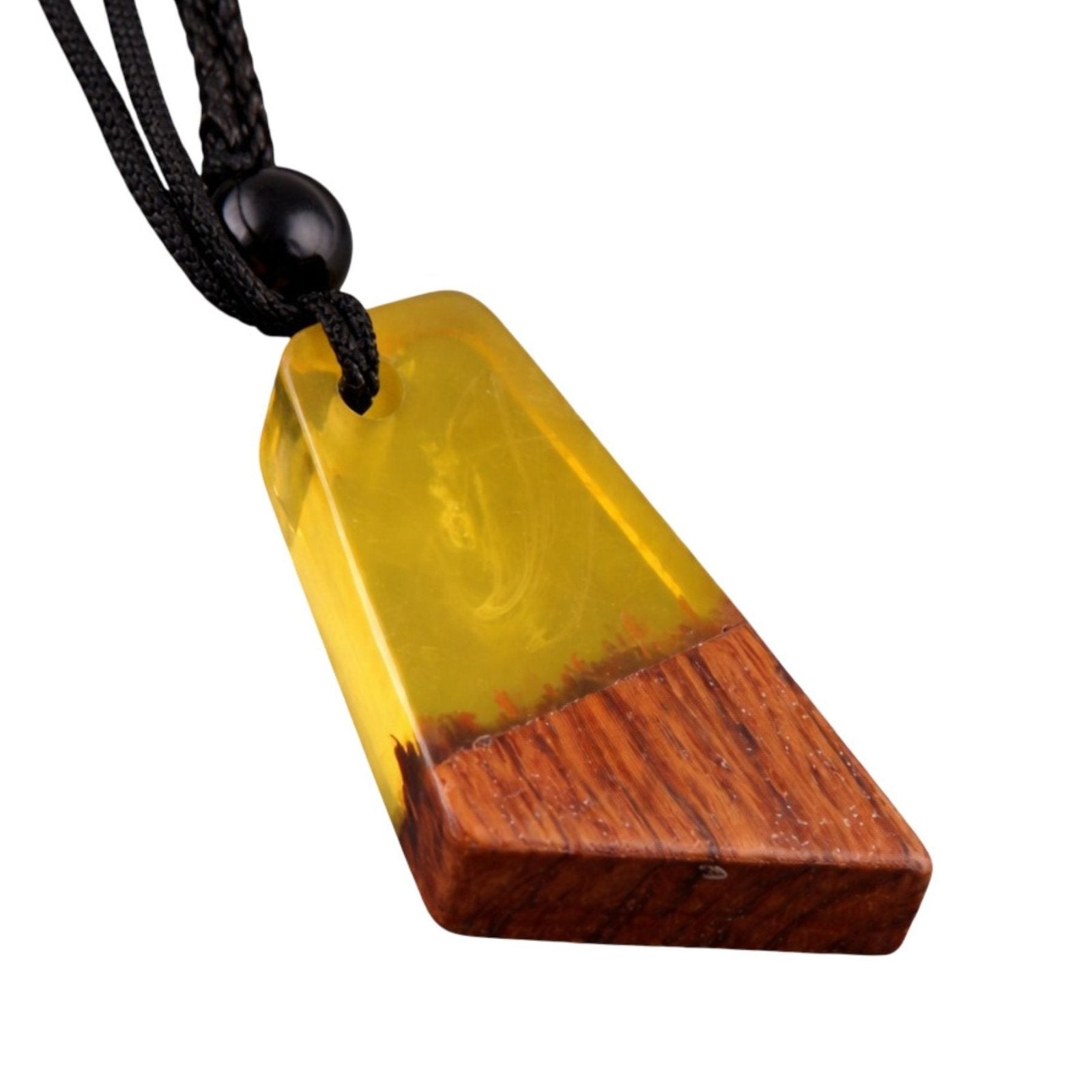 Collier en bois naturel et résine colorée, avec pendentif géométrique, style artisanal