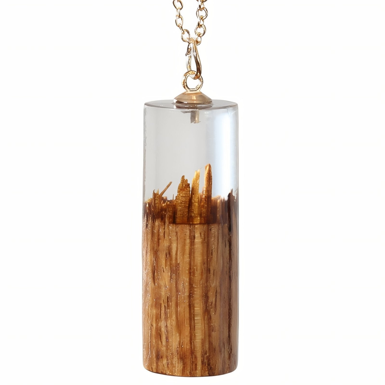 Collier en bois naturel et résine transparente, avec pendentif cylindrique et alliage métallique, style artisanal