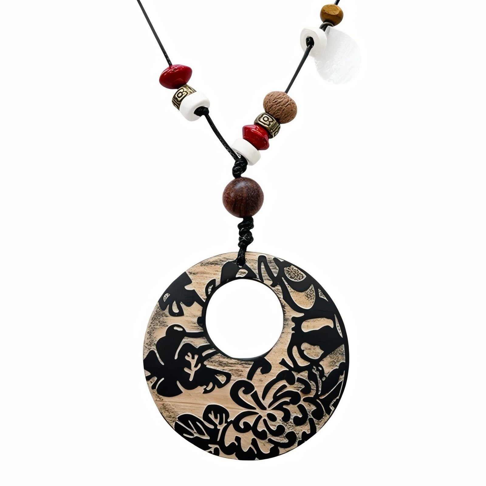 Collier en bois naturel pour femme, avec pendentif rond floral, perles en bois et cordon ajustable