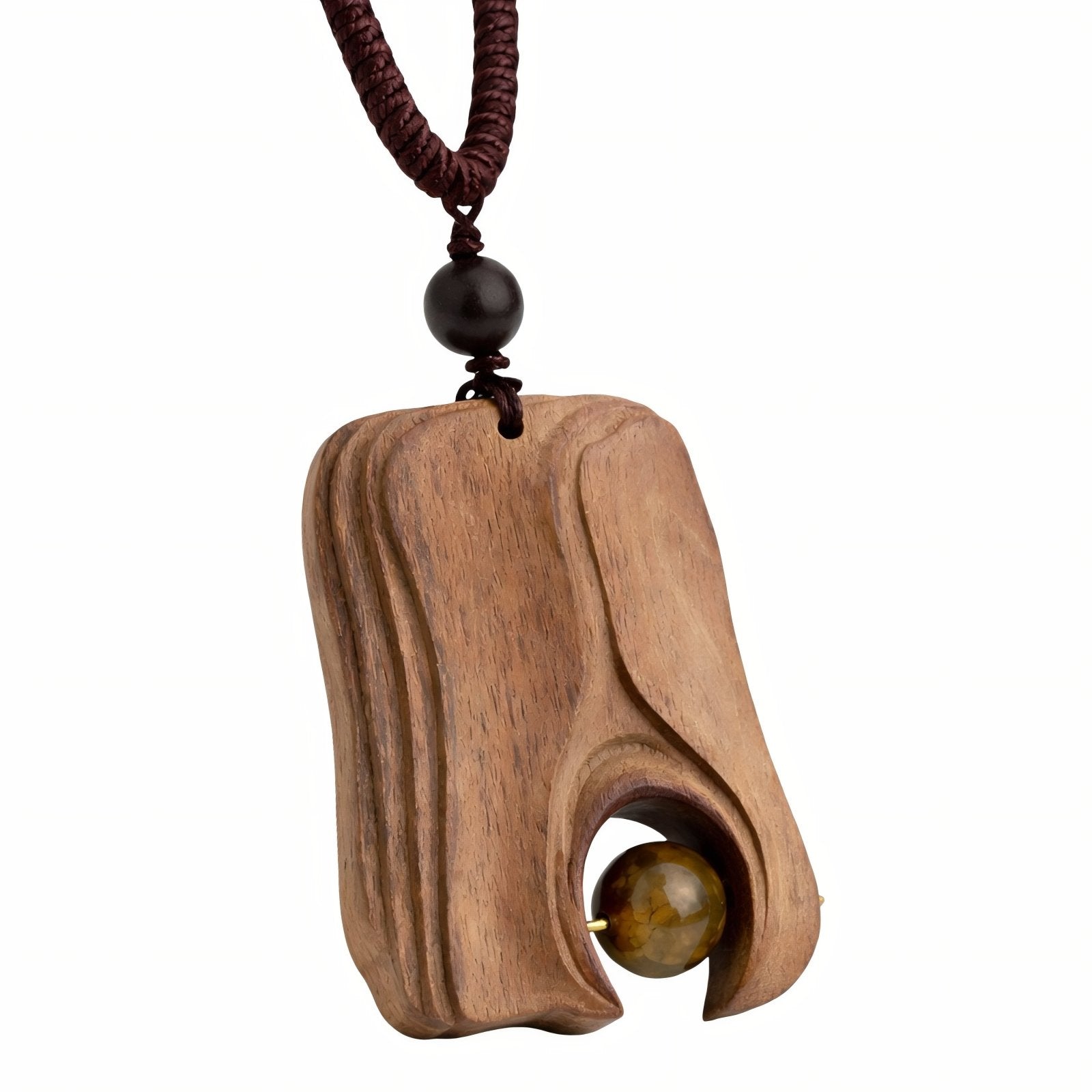 Collier en bois naturel sculpté, avec pendentif forme organique et perle intégrée, style retro