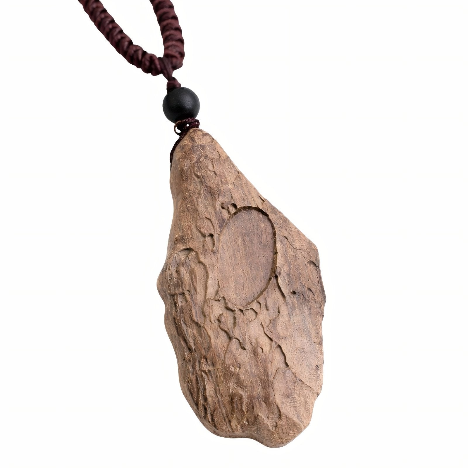 Collier en bois sculpté, avec pendentif en forme feuille organique et perle, style bohème