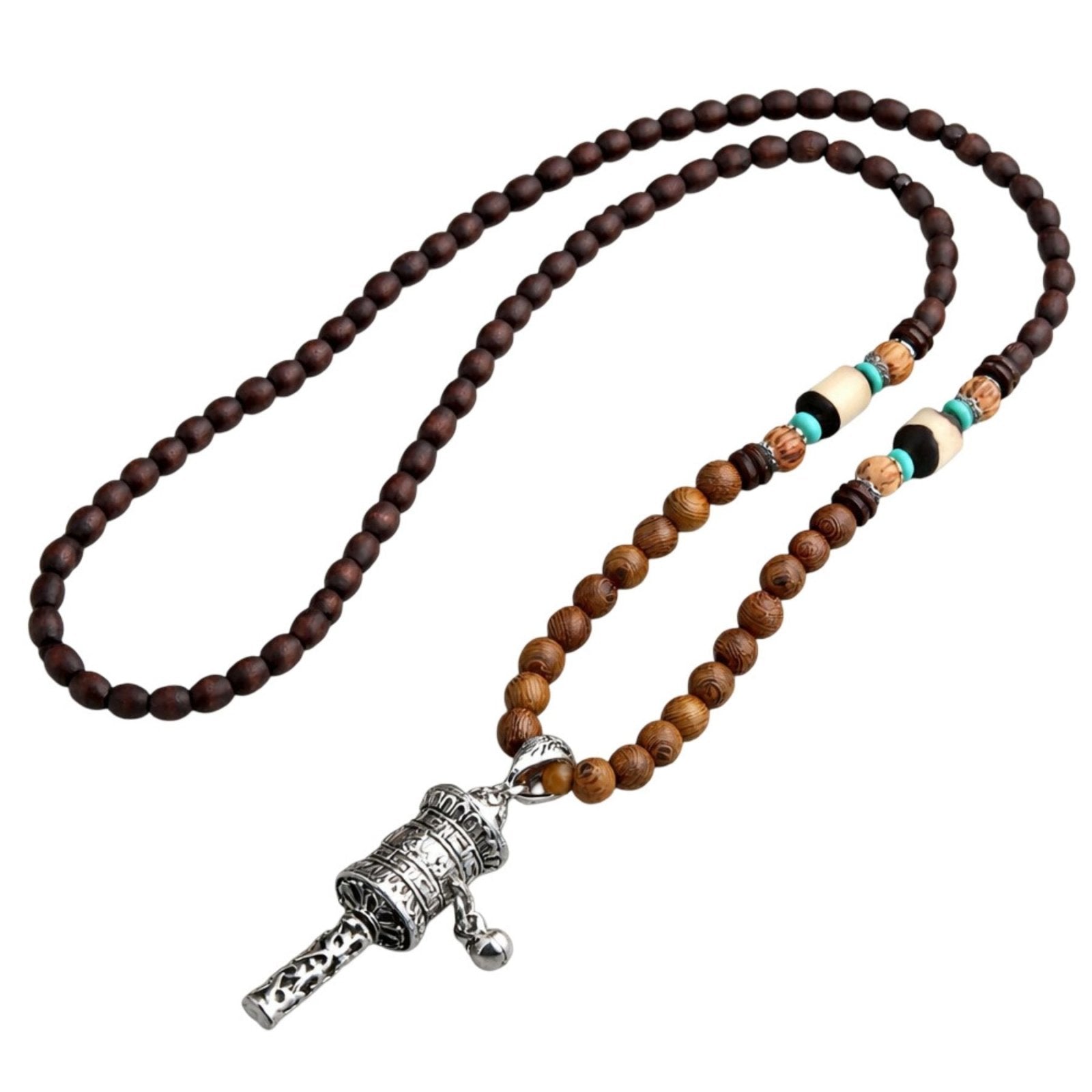 Collier en perles de bois, avec pendentif grand roue de prière en alliage métallique, style bohème