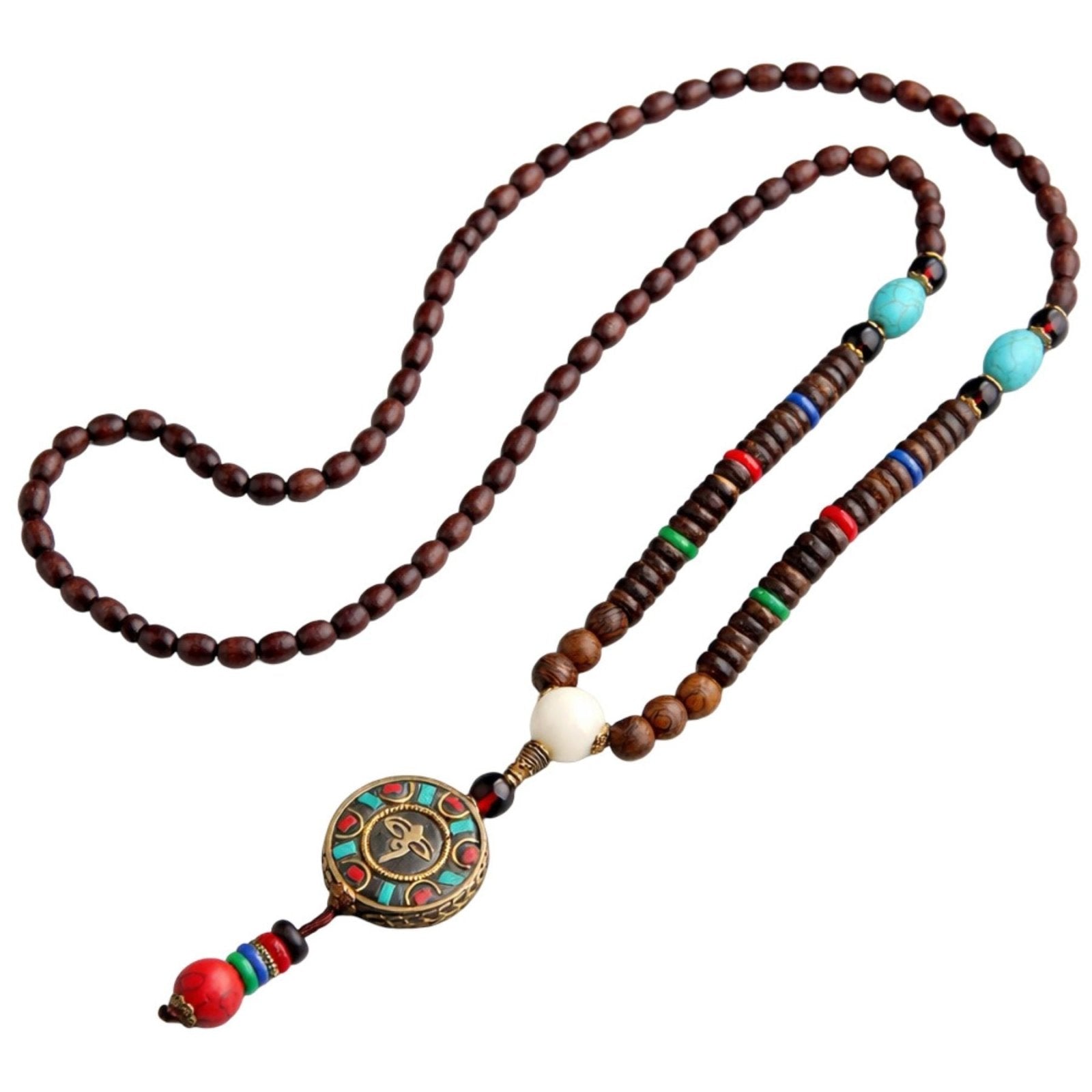 Collier en perles de bois naturel, avec pendentif amulette noire orné d'alliage métallique et pierre naturelle, style bohème