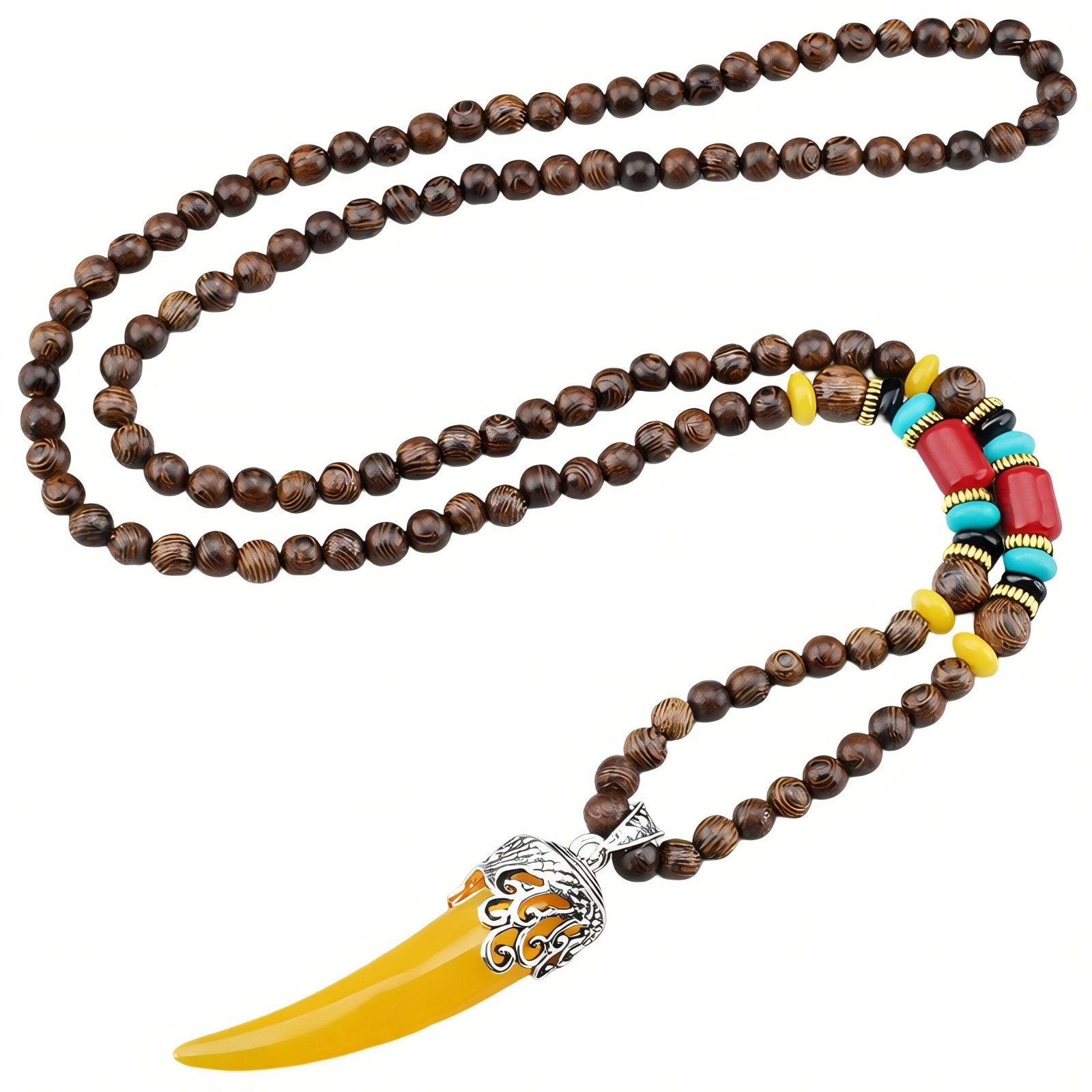 Collier en perles de bois naturel, avec pendentif corne, résine et alliage métallique, style bohème