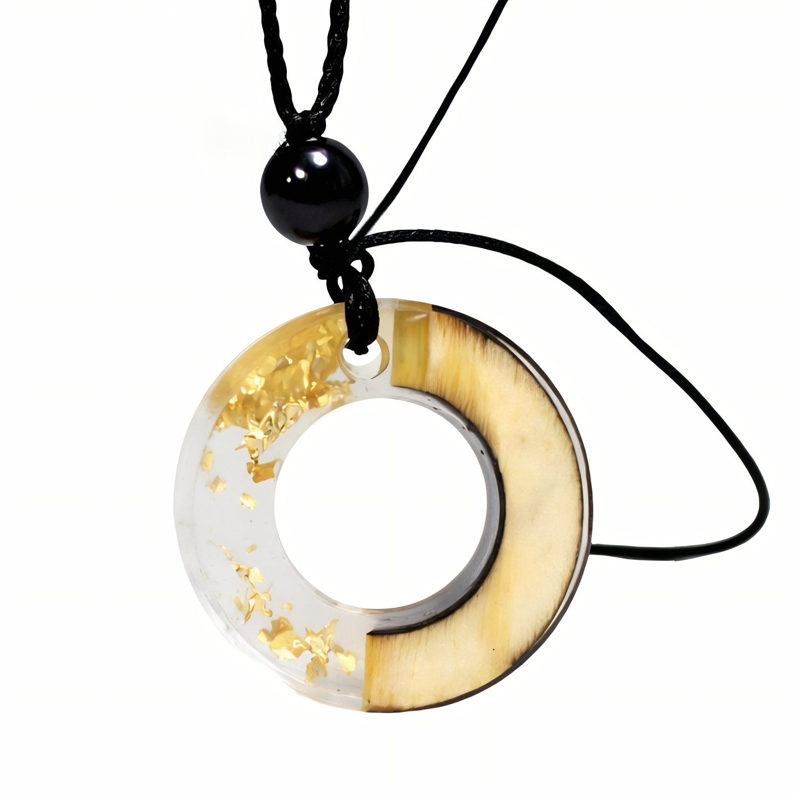 Collier en résine et bois naturel, avec pendentif circulaire, cordon noir ajustable