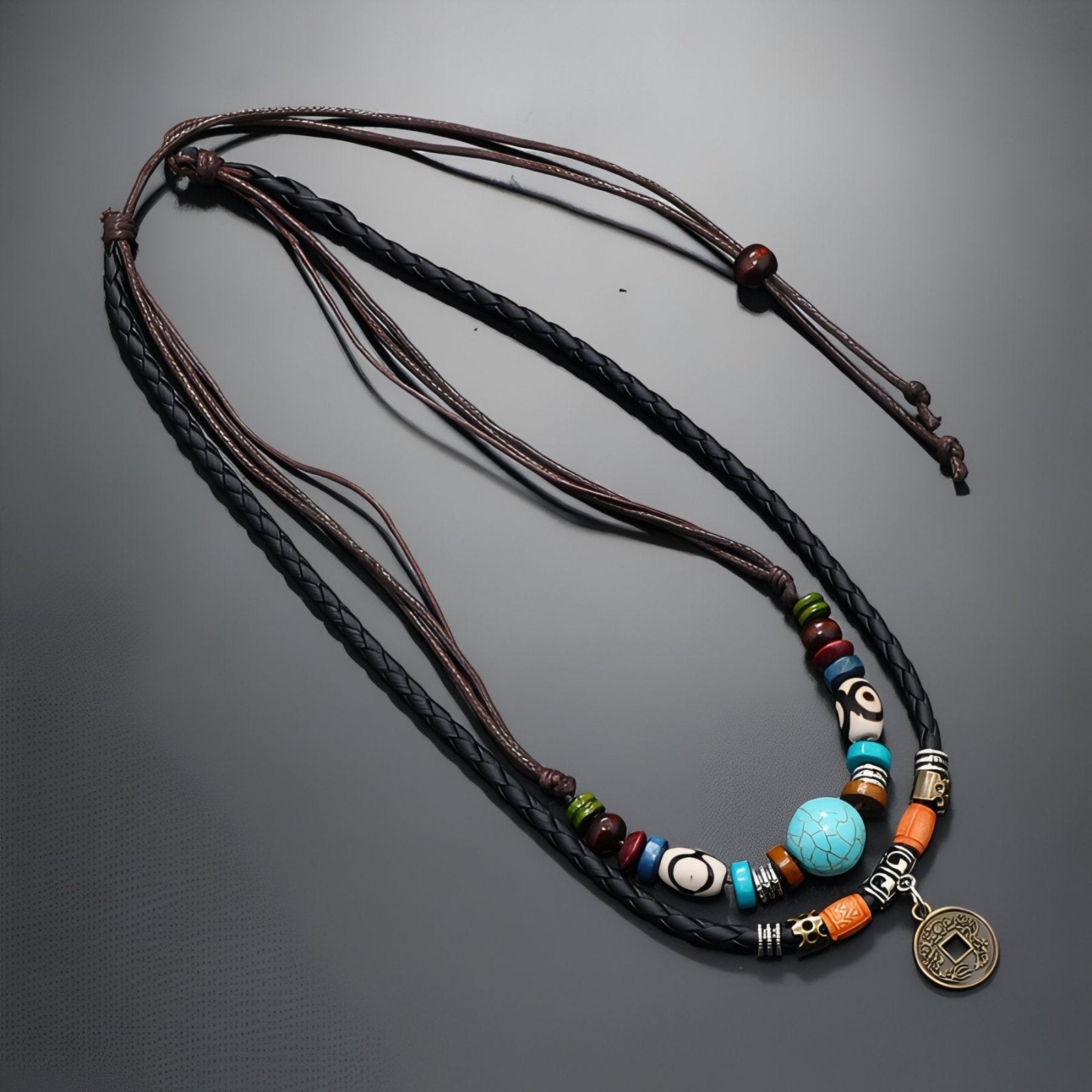 Collier ethnique double rangs unisexe, cuir noir et marron, perle turquoise et pièce ancienne