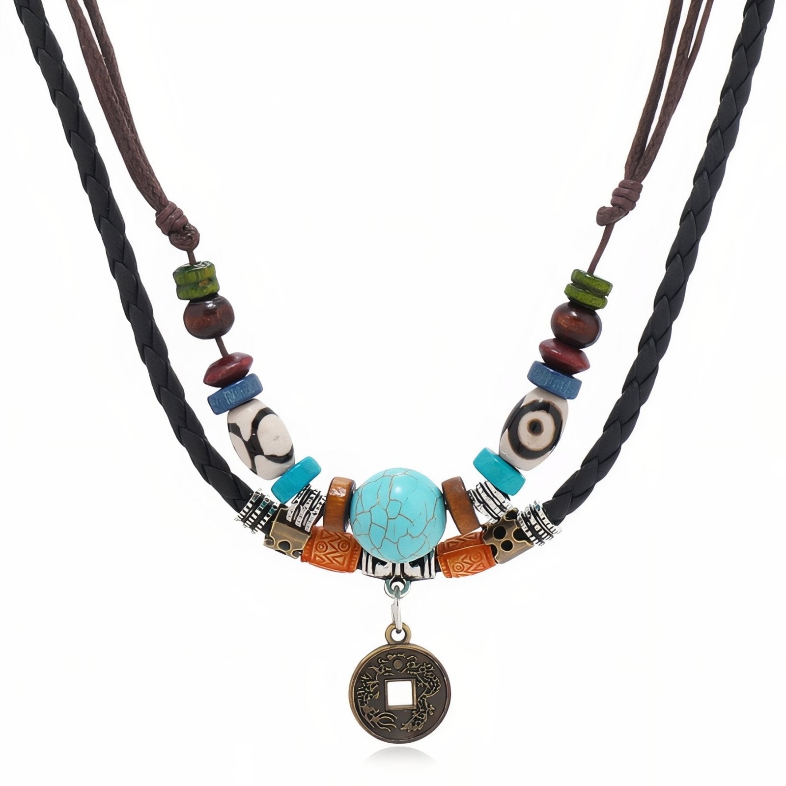 Collier ethnique double rangs unisexe, cuir noir et marron, perle turquoise et pièce ancienne