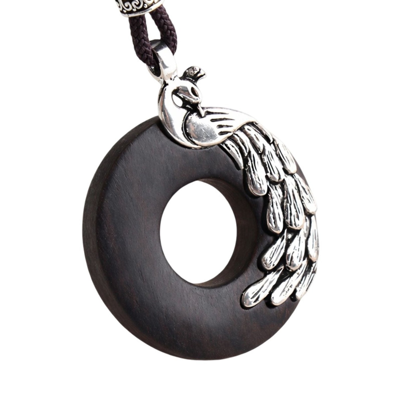 Collier ethnique en bois d’ébène noir sculpté, avec pendentif symbolique, alliage métallique et cordon