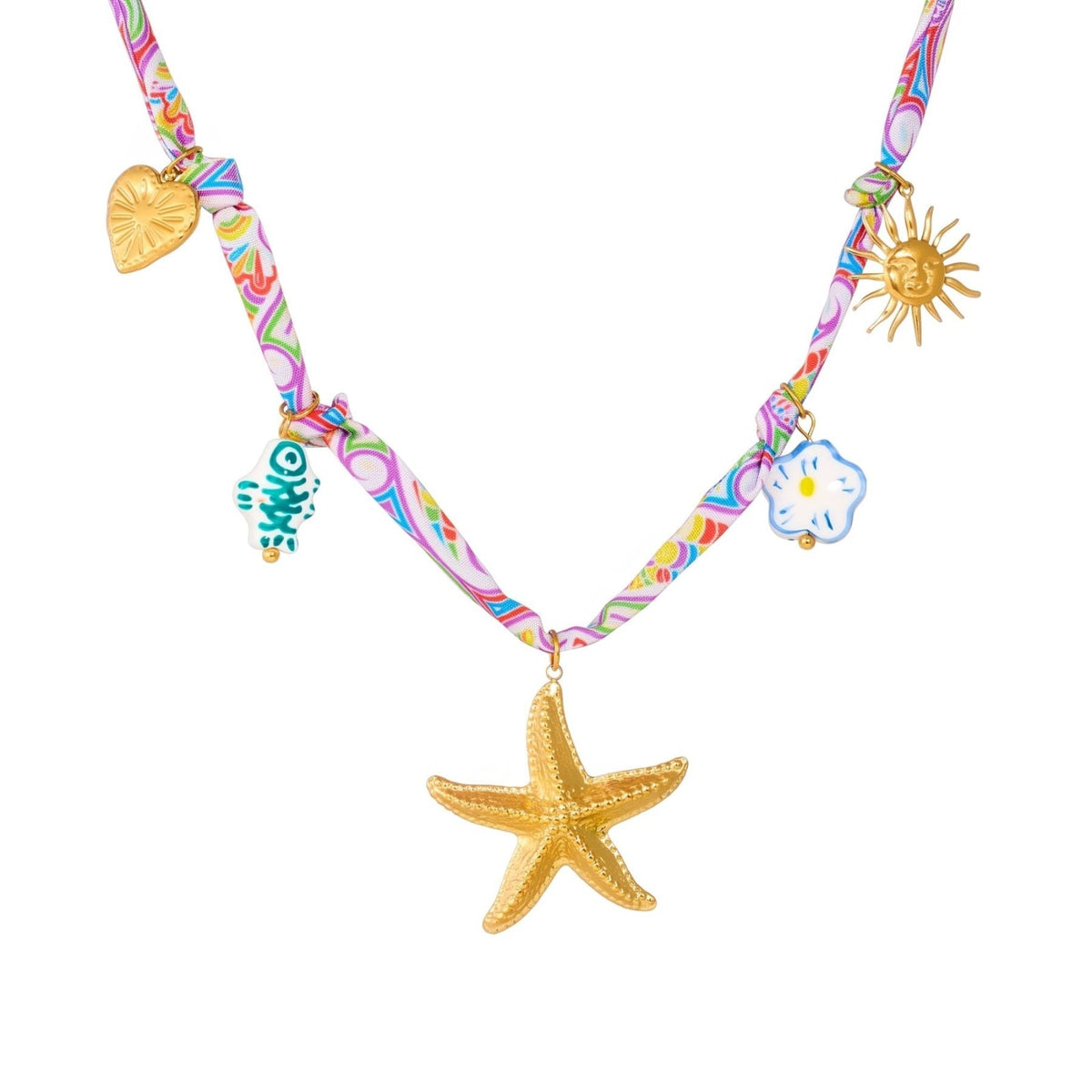 Collier étoile de mer pour femme, en acier inoxydable doré, cordon multicolore avec soleil et breloques marines