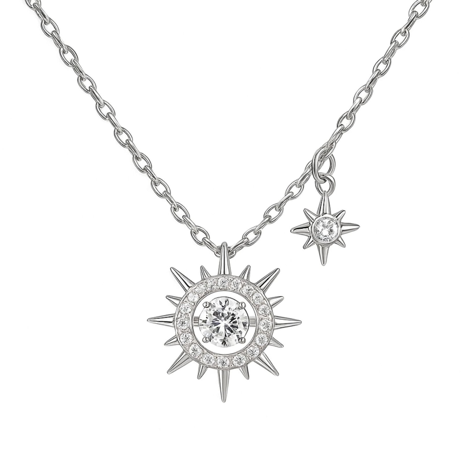 Collier étoile & soleil pour femme, plaqué or rose ou argenté, zircons brillants, maille forçat, modèle Astra