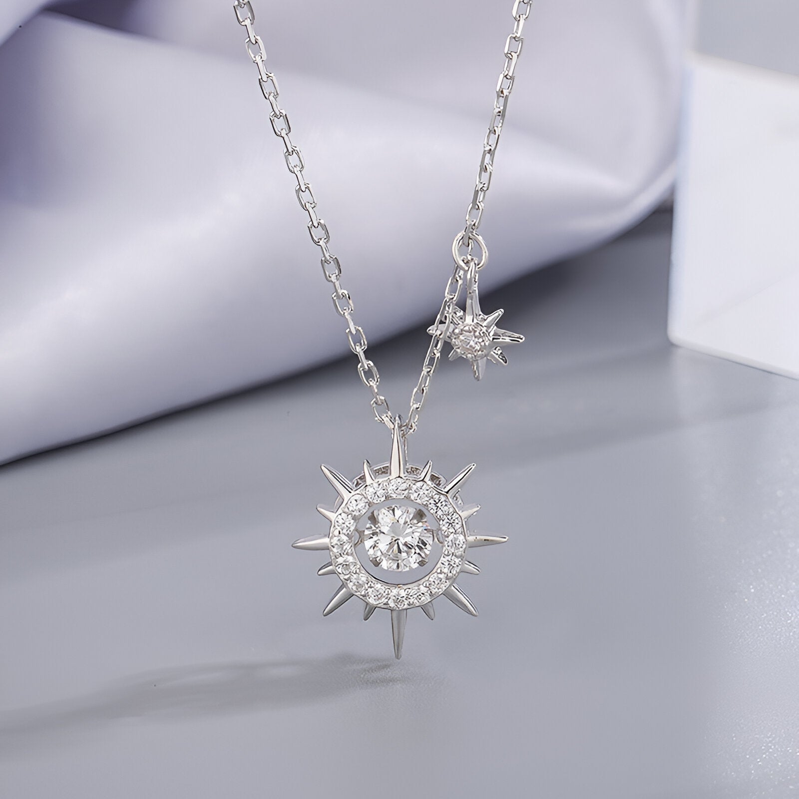 Collier étoile & soleil pour femme, plaqué or rose ou argenté, zircons brillants, maille forçat, modèle Astra
