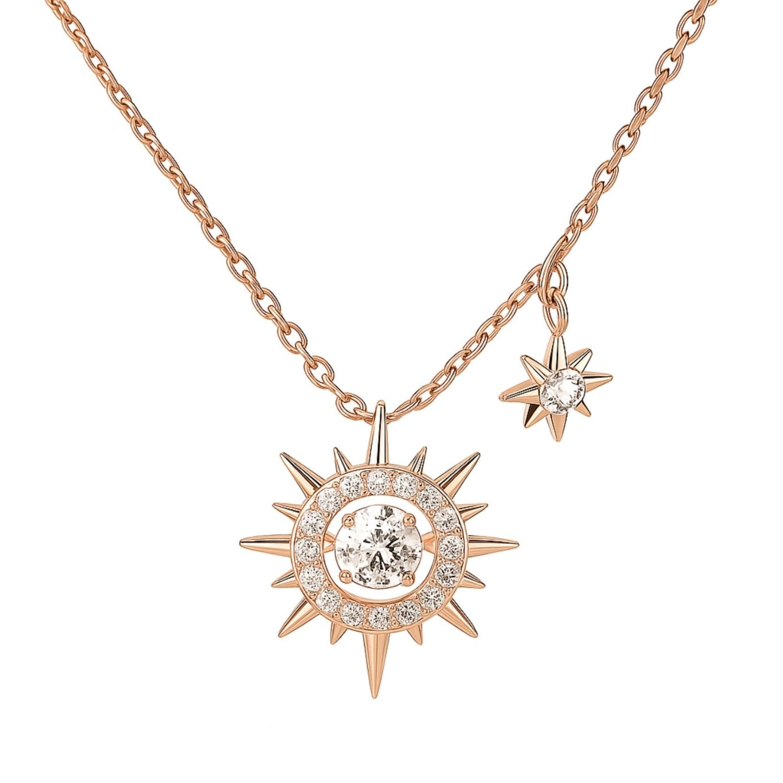 Collier étoile & soleil pour femme, plaqué or rose ou argenté, zircons brillants, maille forçat, modèle Astra