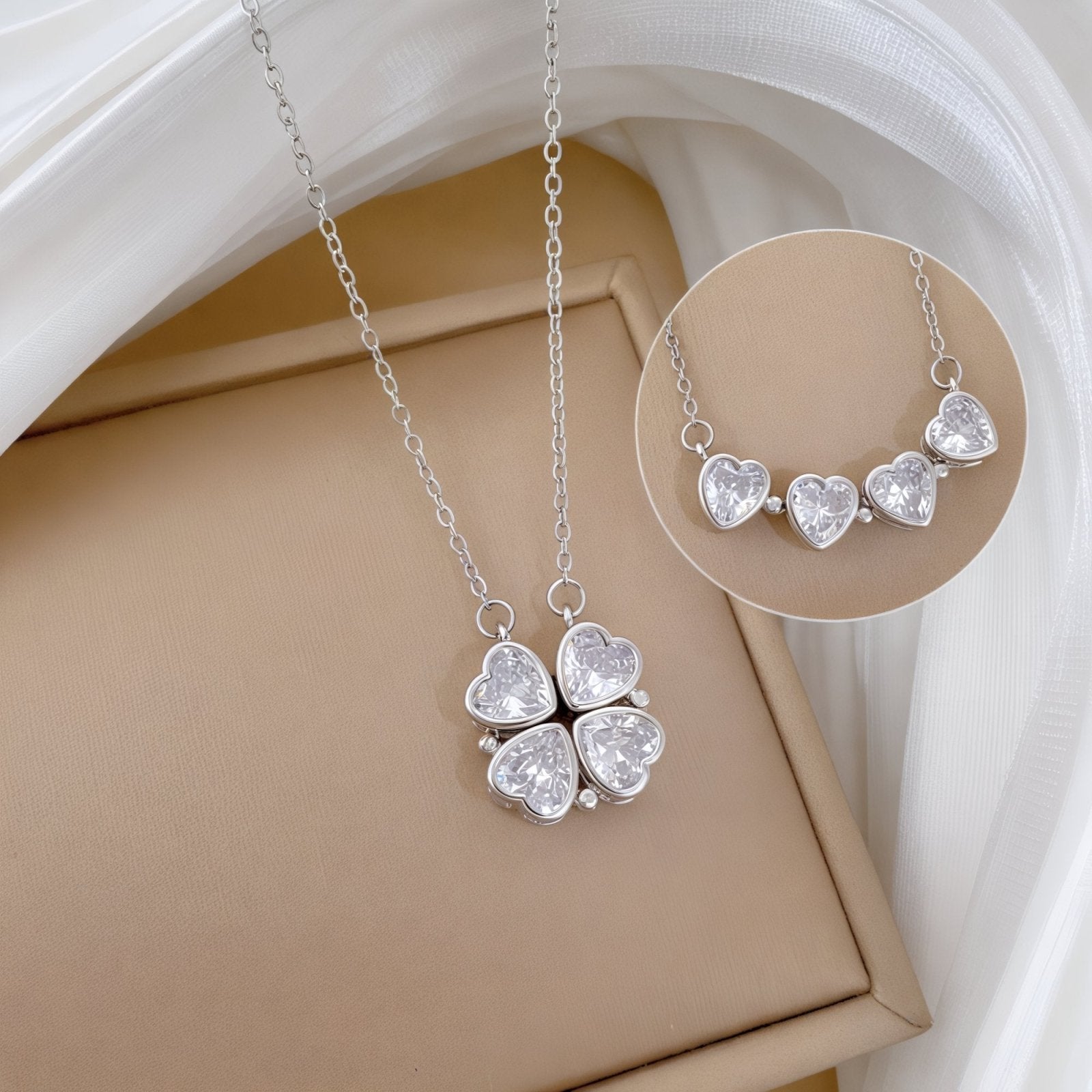 Collier femme 2 - en - 1, pendentif trèfle et cœur zircon scintillant, bijou doré ou argenté, modèle Courage