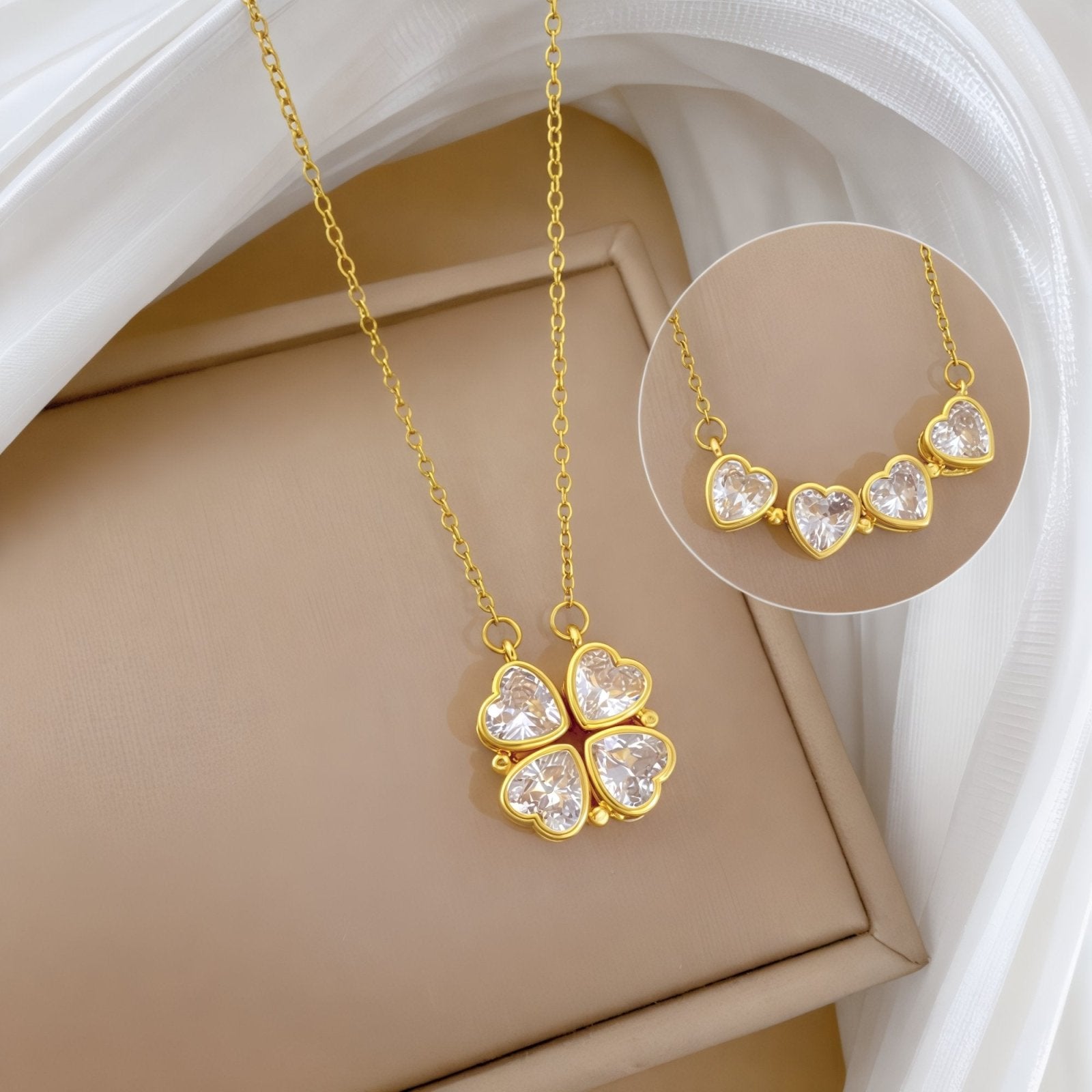 Collier femme 2 - en - 1, pendentif trèfle et cœur zircon scintillant, bijou doré ou argenté, modèle Courage