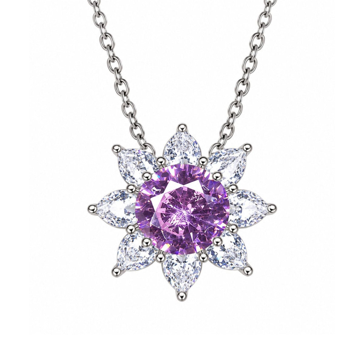 Collier fleur pierre précieuse pour femme, en cuivre argenté, pendentif floral entouré de pétales brillants