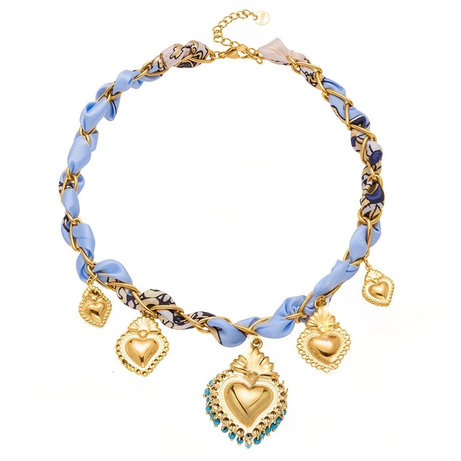 Collier foulard en soie ras - du - cou, pendentifs cœurs sacrés, en acier inoxydable et pierres naturelles