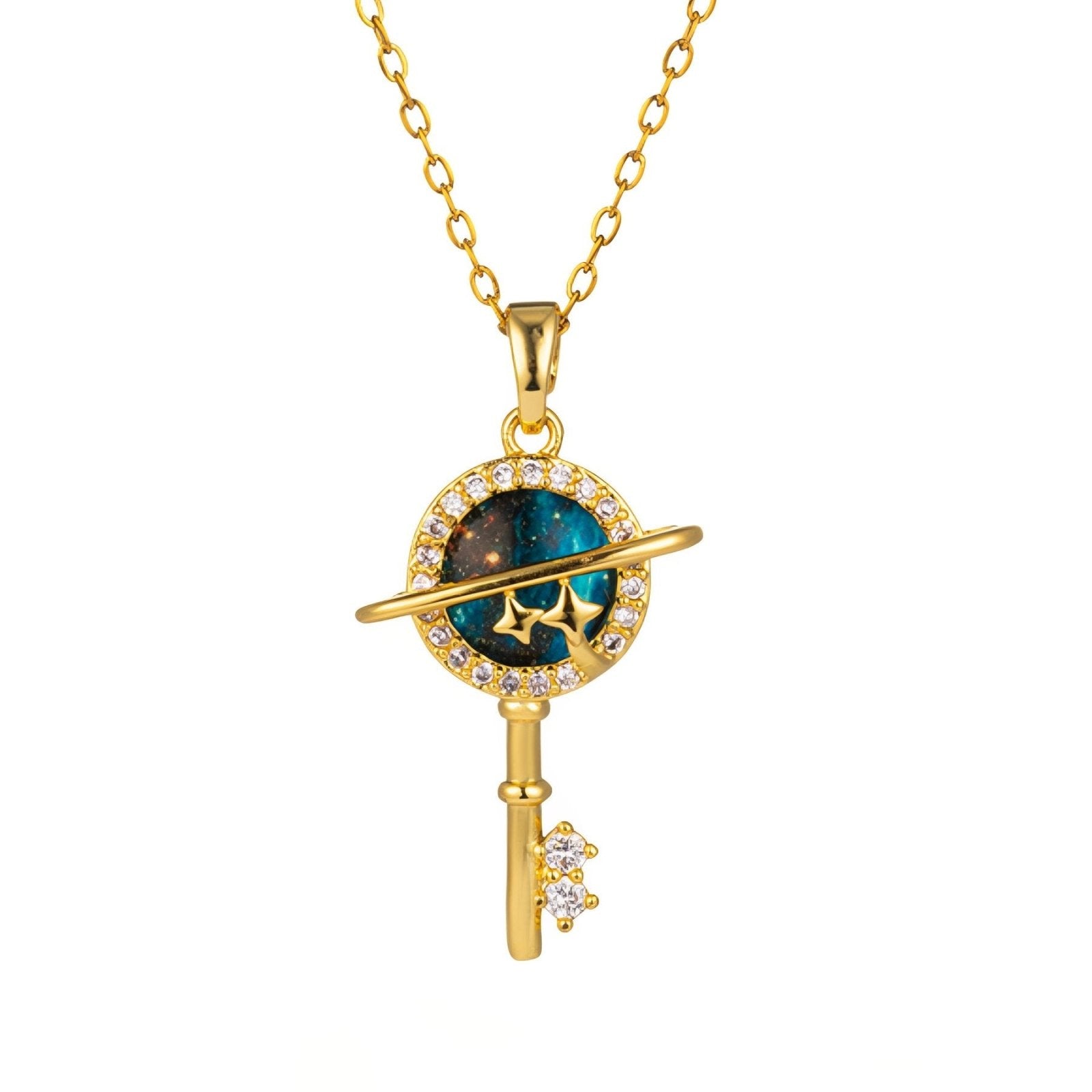Collier galaxie femme, pendentif planète bleue et clé en acier inoxydable et zircon