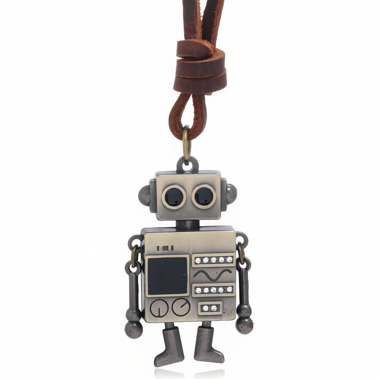 Collier geek rétro unisexe, pendentif robot steampunk, cordon en cuir marron