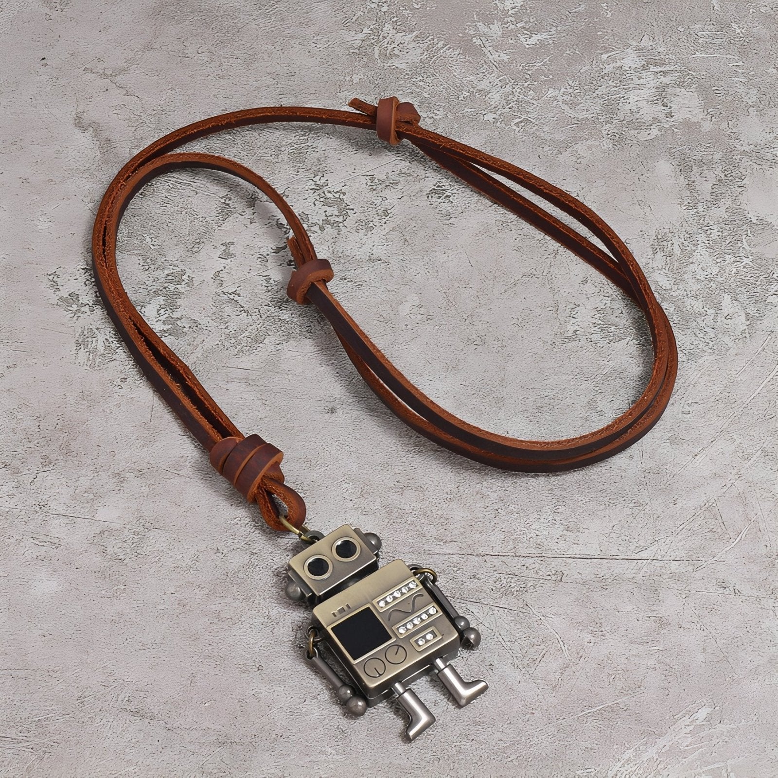 Collier geek rétro unisexe, pendentif robot steampunk, cordon en cuir marron