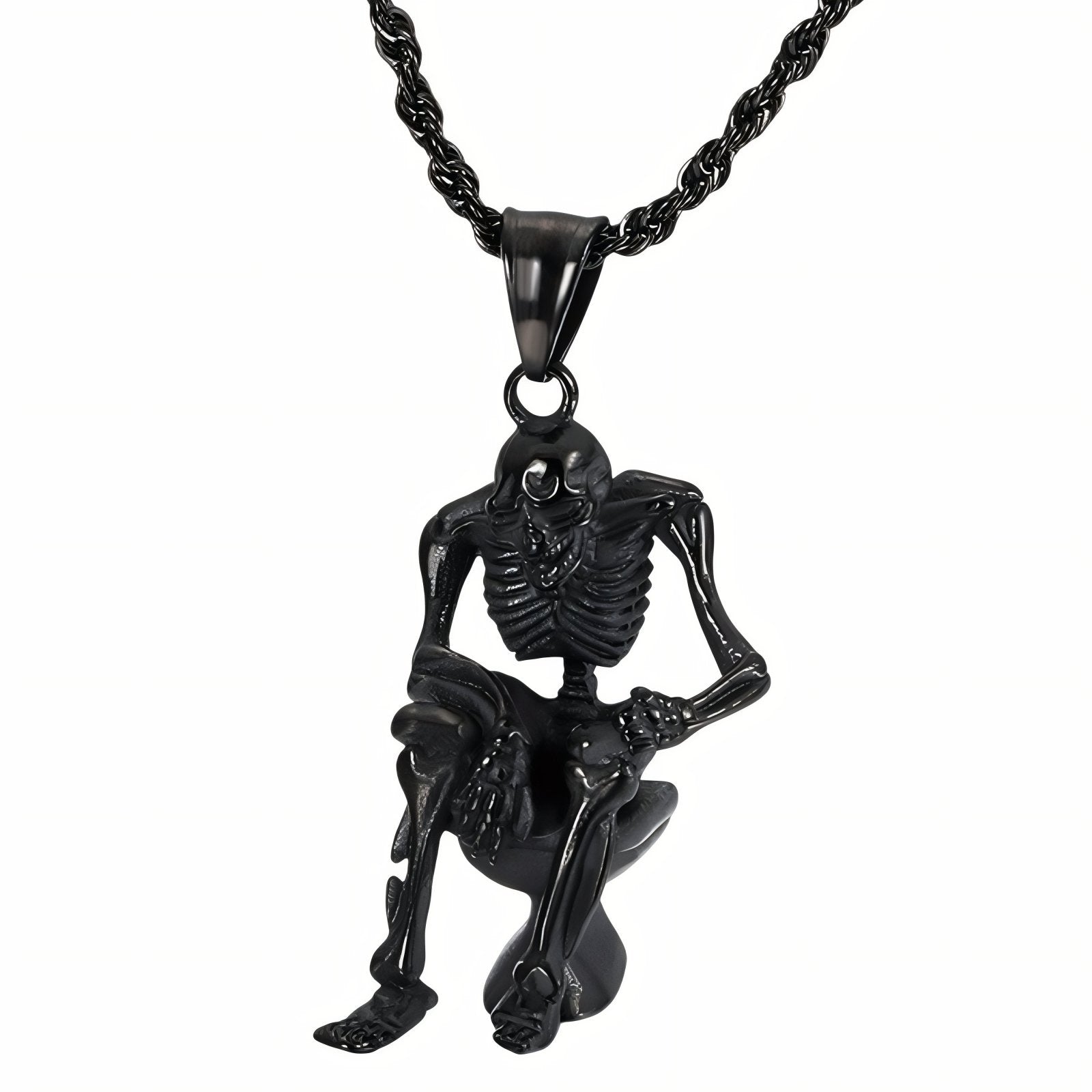 Collier gothique pour homme, avec pendentif squelette assis, en acier inoxydable