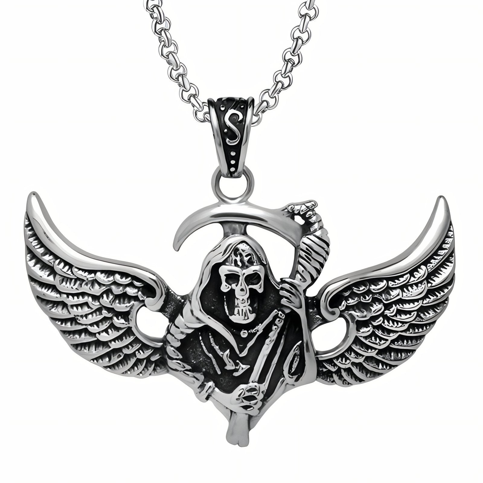 Collier gothique pour homme, pendentif tête de mort faucheuse avec ailes, en acier inoxydable