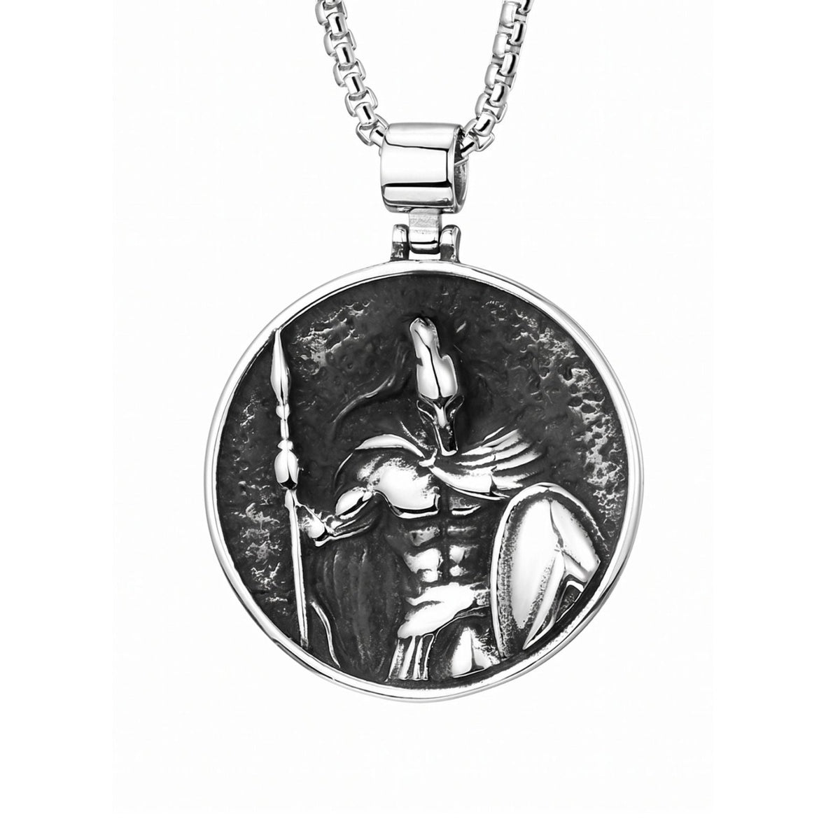 Collier guerrier spartiate pour homme, en acier titane, médaillon circulaire avec lance et bouclier en relief