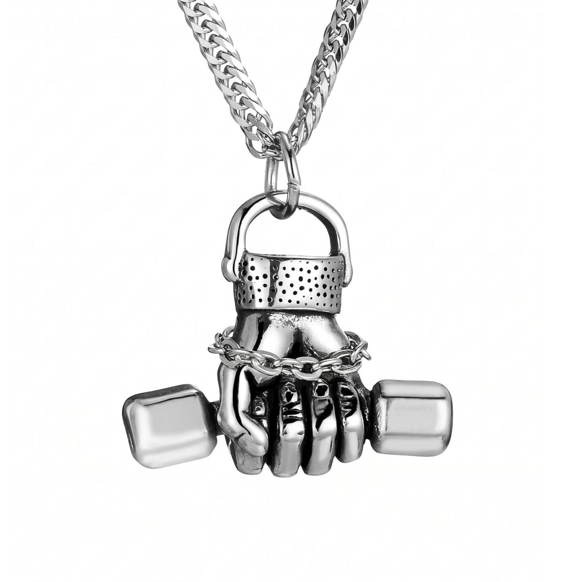 Collier haltère pour homme en acier inoxydable argenté, pendentif poing d’armure au style sportif