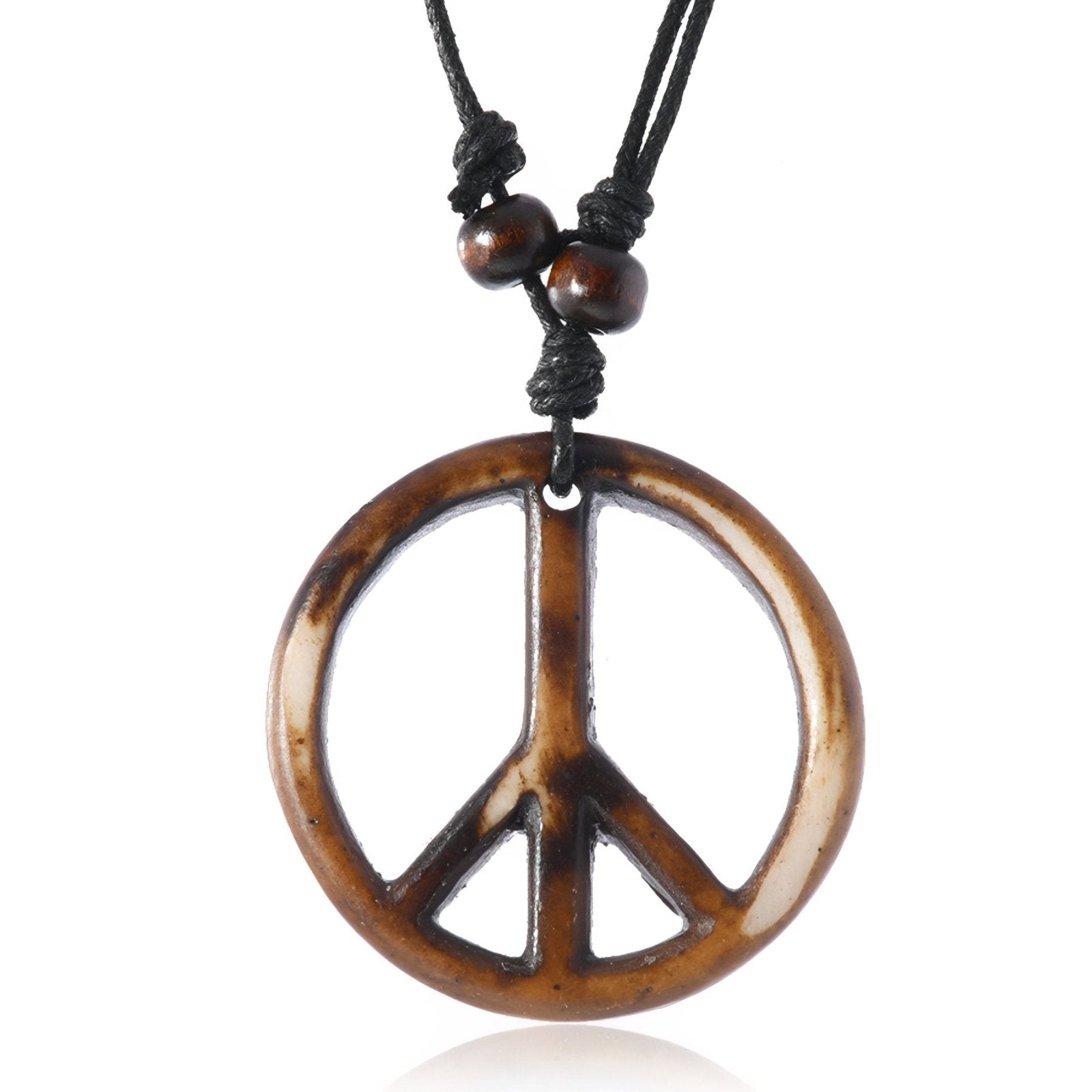 Collier hippie bohème unisexe, pendentif peace and love, cordon ajustable, résine sculptée et perles bois