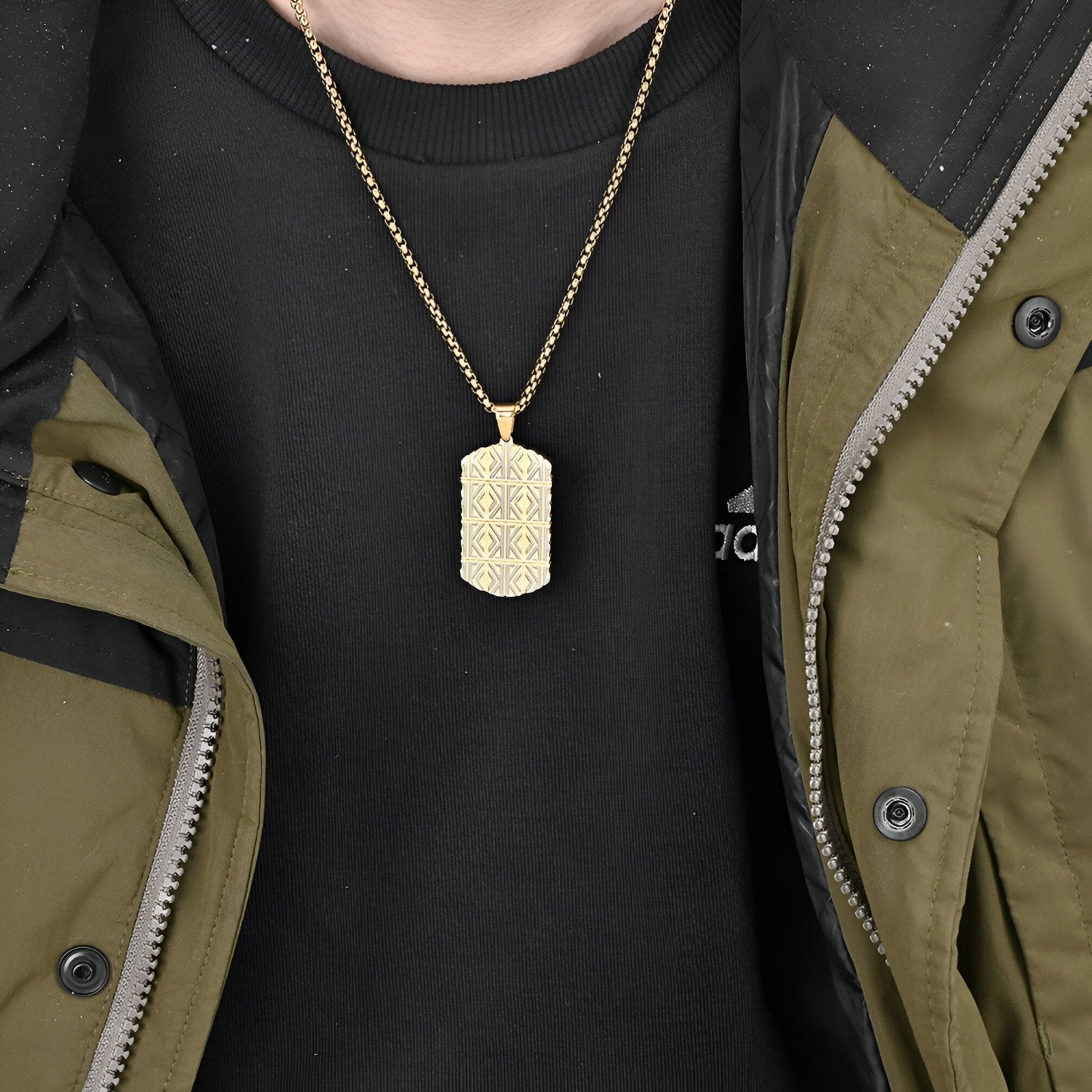 Collier homme avec pendentif dog tag géométrique, maille vénitienne, style tribal, Tanker