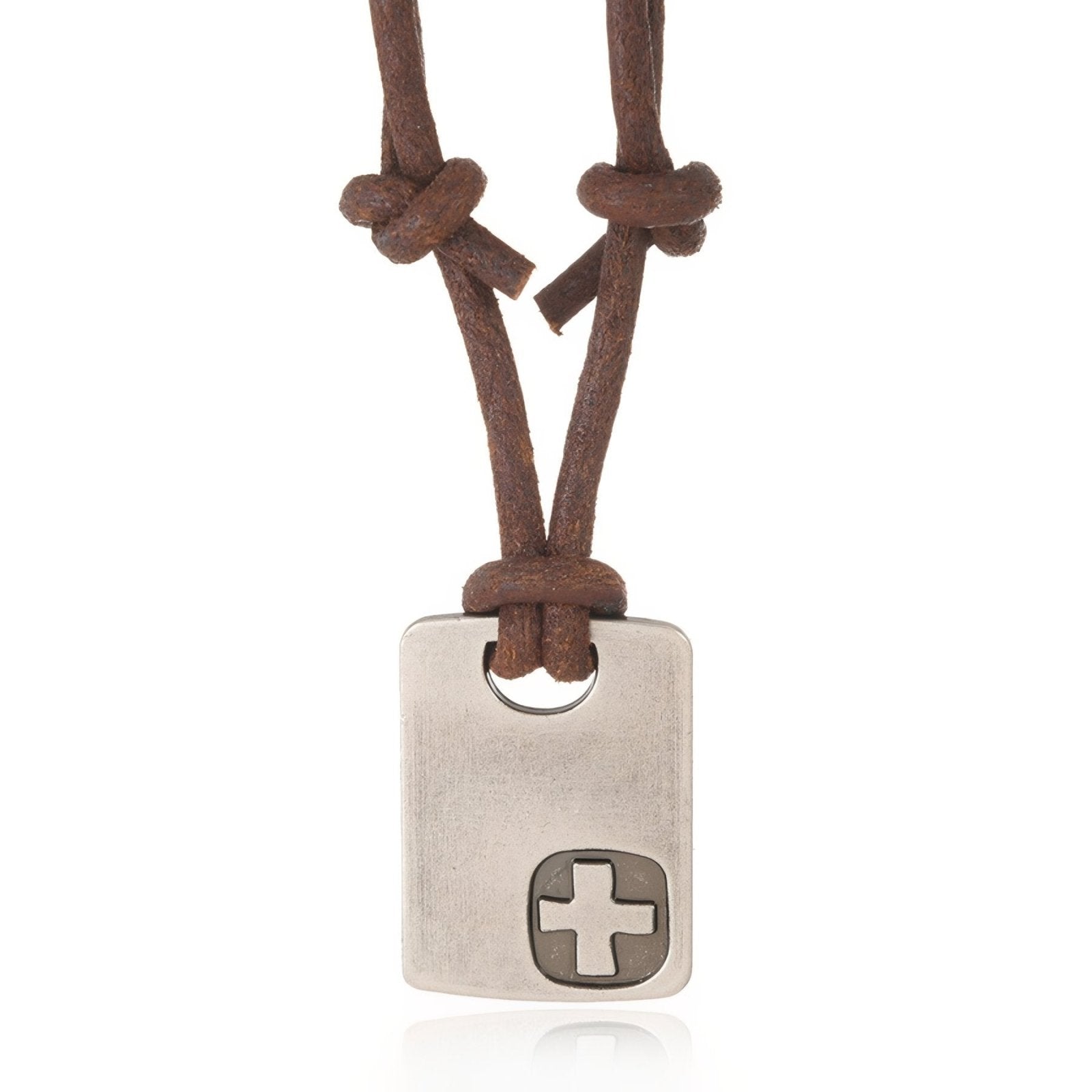 Collier homme minimaliste, pendentif plaque en métal avec croix, cordon cuir noir ou marron