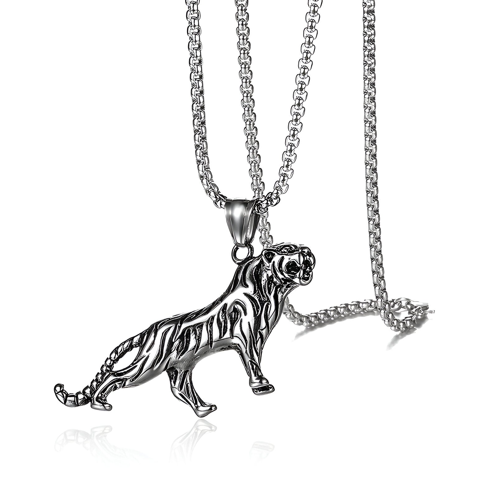 Collier homme pendentif tigre sculpté, style vintage oriental, modèle Shen