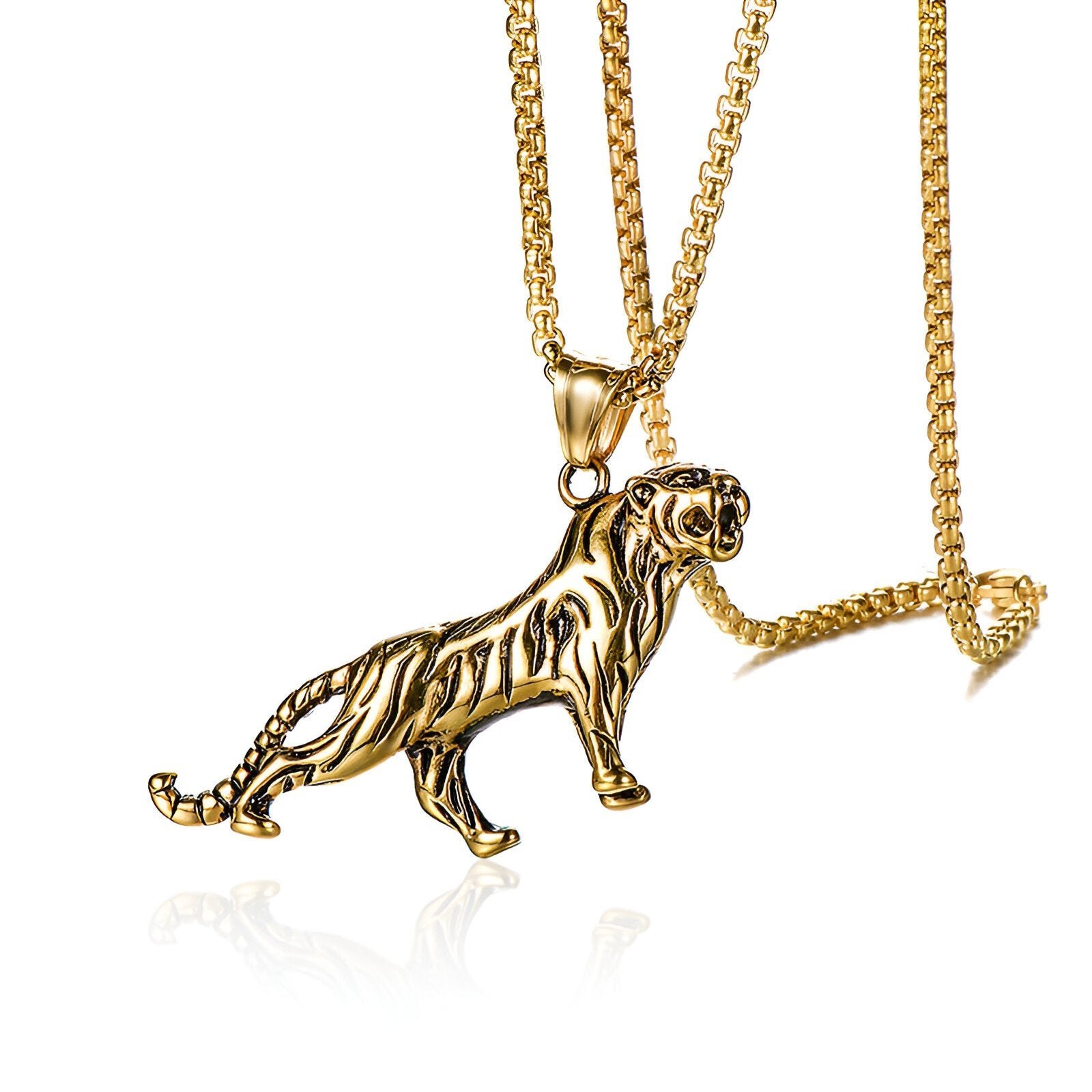 Collier homme pendentif tigre sculpté, style vintage oriental, modèle Shen