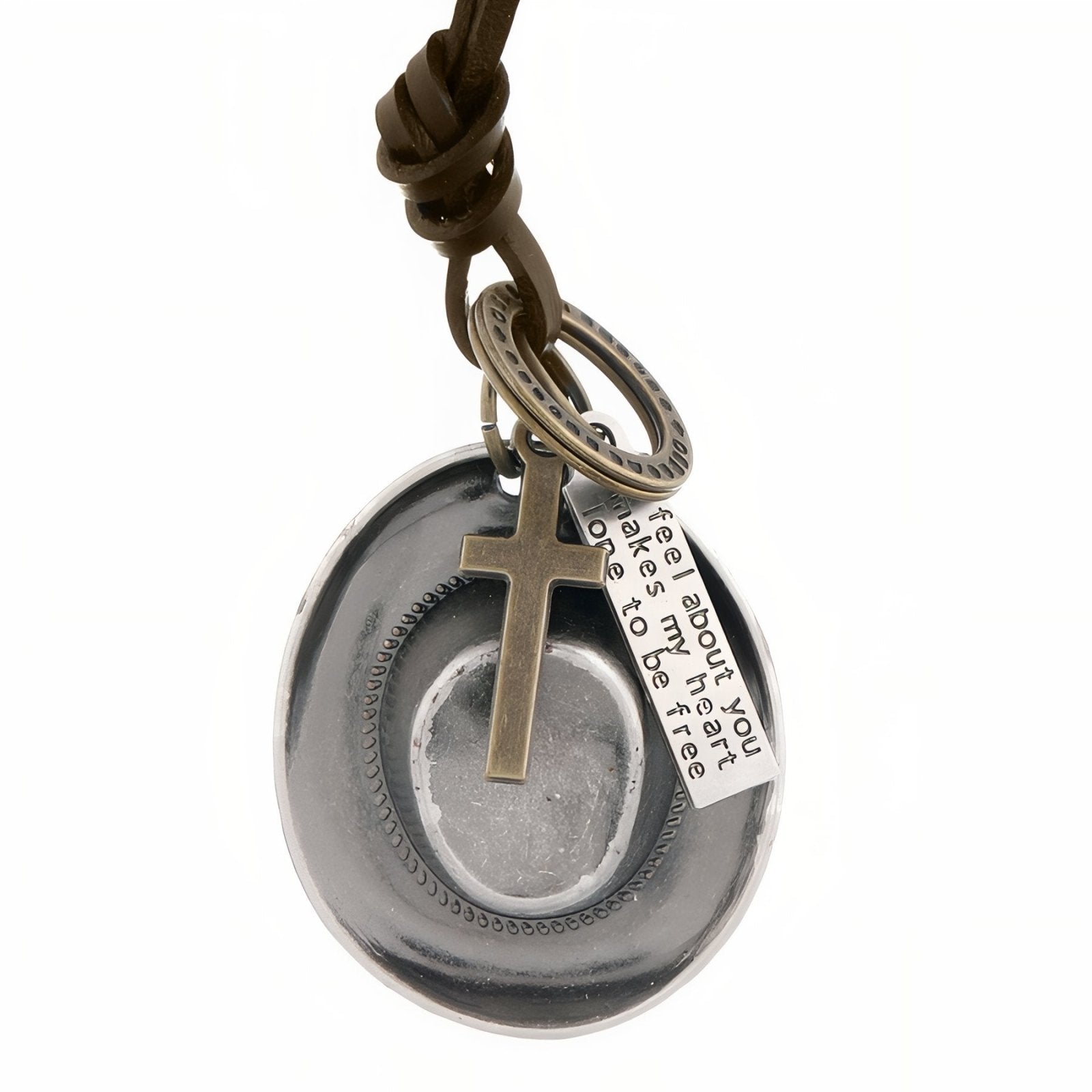 Collier homme style cowboy, pendentif chapeau western, cordon en cuir marron ajustable