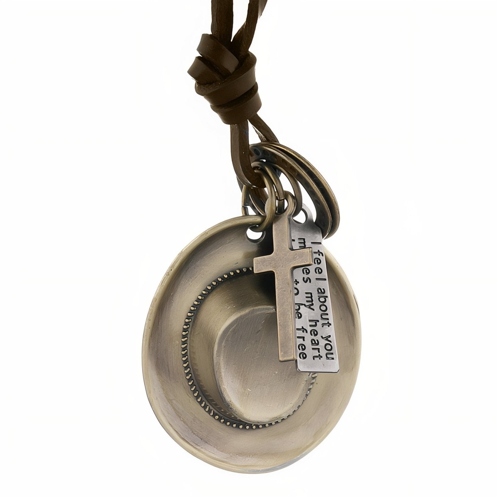 Collier homme style cowboy, pendentif chapeau western, cordon en cuir marron ajustable