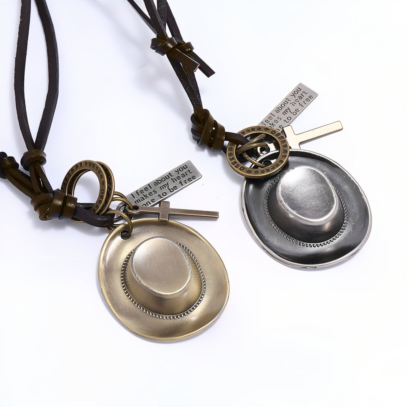 Collier homme style cowboy, pendentif chapeau western, cordon en cuir marron ajustable