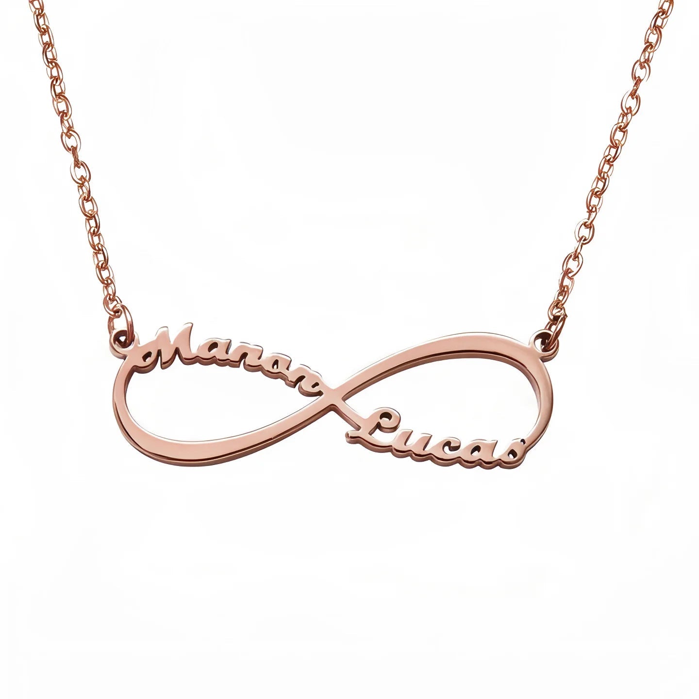 Collier infini personnalisé, avec deux prénoms, en acier inoxydable, modèle Infinity