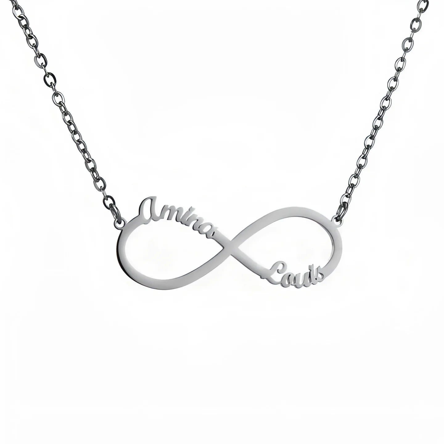 Collier infini personnalisé, avec deux prénoms, en acier inoxydable, modèle Infinity