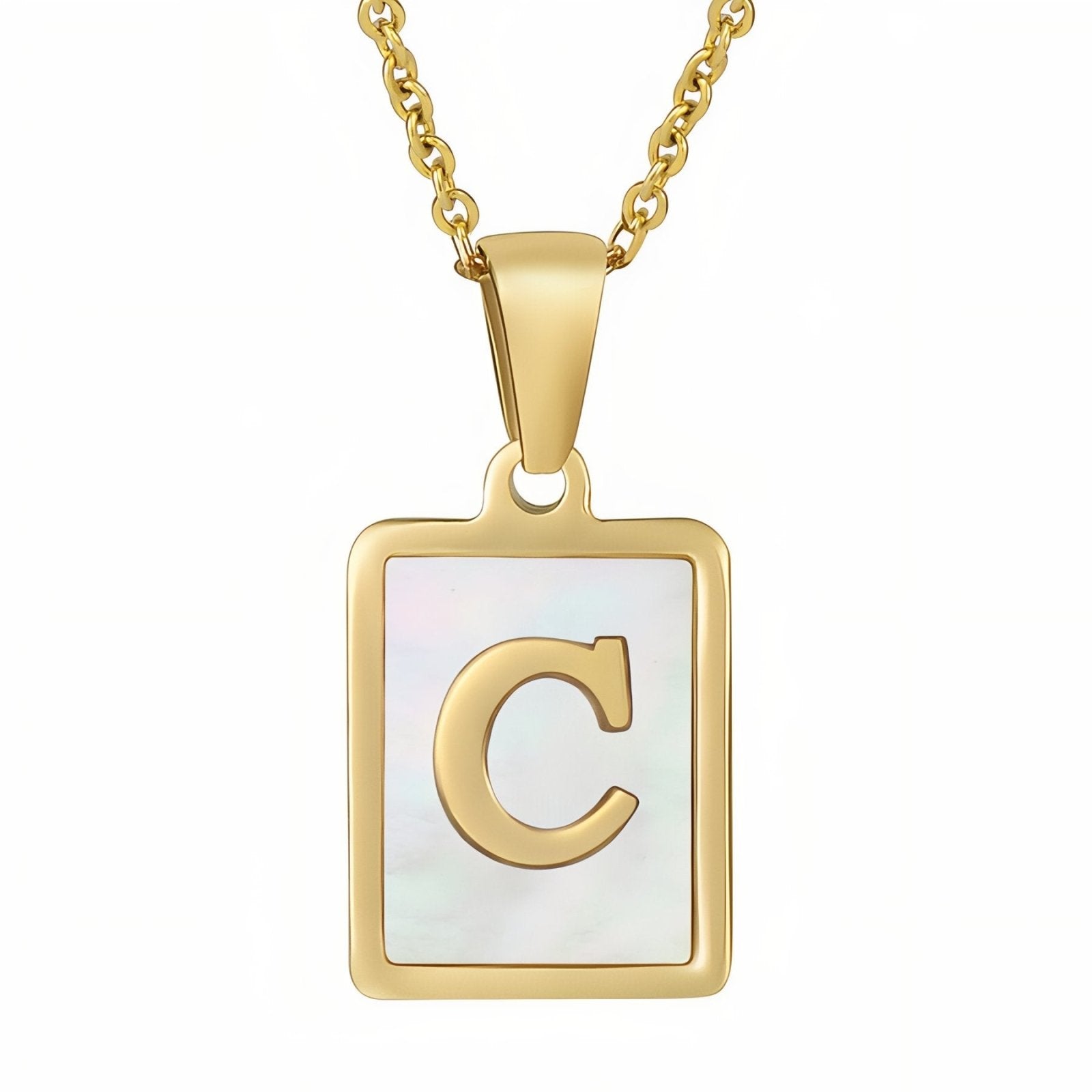 Collier lettre initiale doré, pendentif rectangle nacré, chaine fîne en acier inoxydable plaqué or