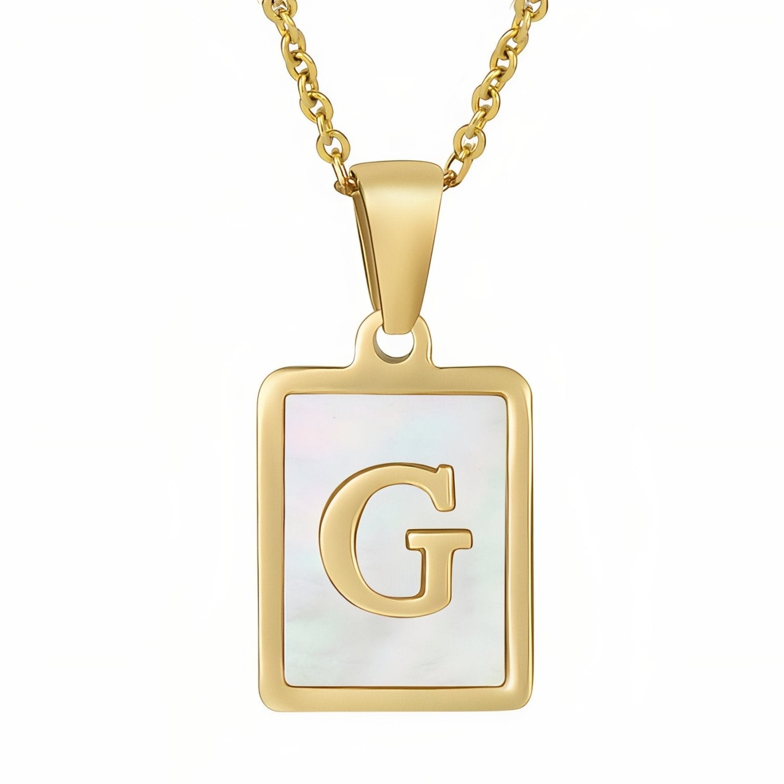 Collier lettre initiale doré, pendentif rectangle nacré, chaine fîne en acier inoxydable plaqué or