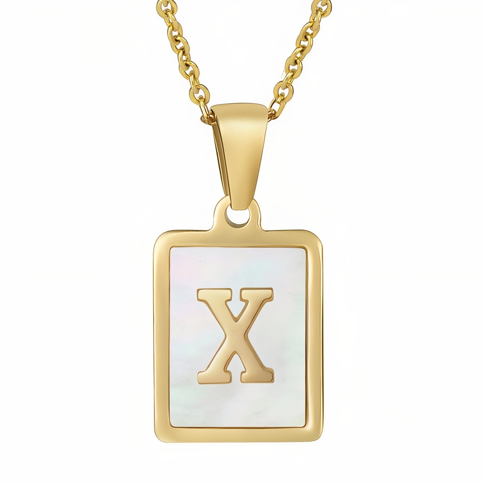 Collier lettre initiale doré, pendentif rectangle nacré, chaine fîne en acier inoxydable plaqué or