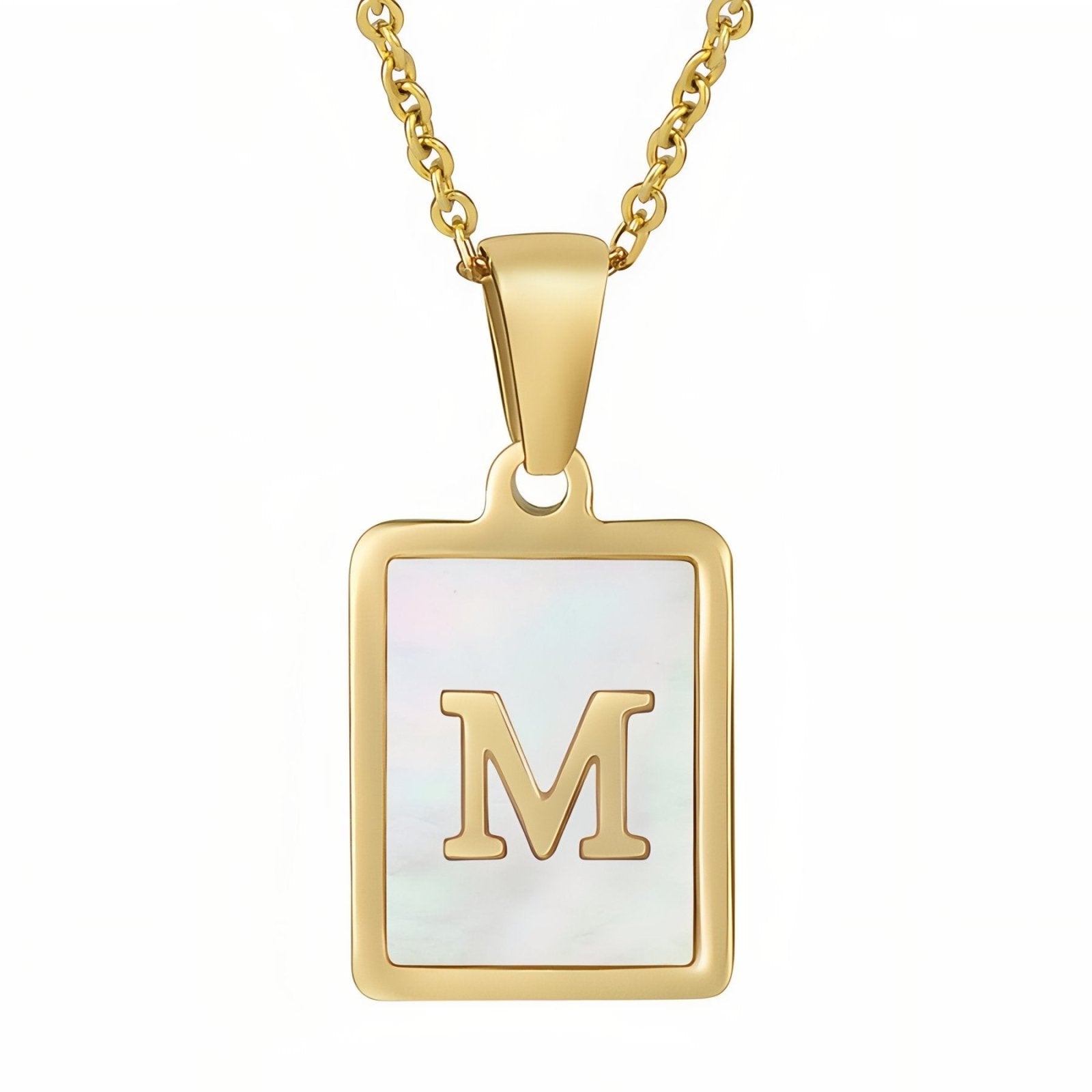 Collier lettre initiale doré, pendentif rectangle nacré, chaine fîne en acier inoxydable plaqué or
